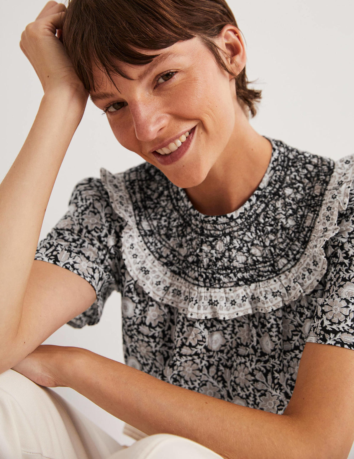 Smocked Neck Printed Top-Black, Enchanting Twig - Image 2