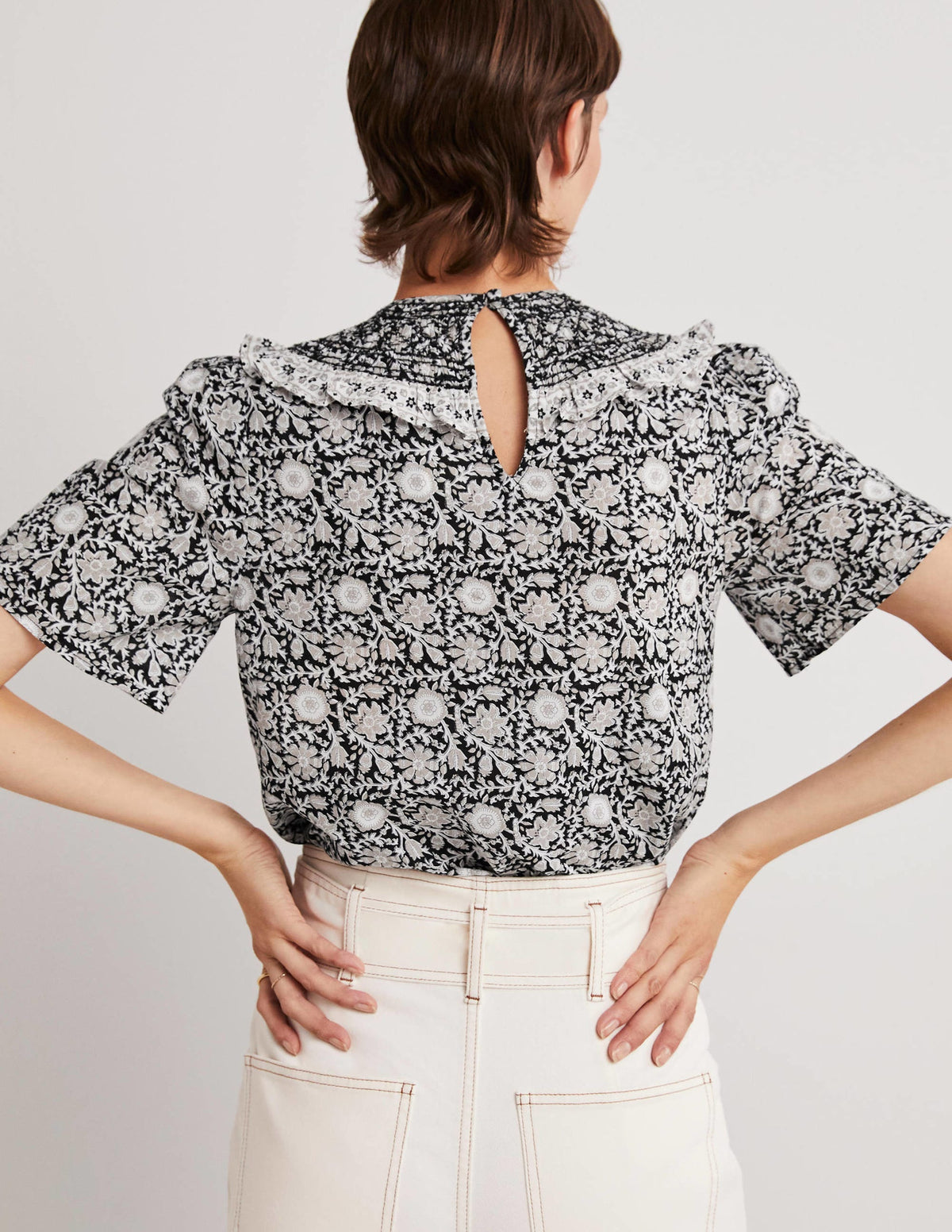 Smocked Neck Printed Top-Black, Enchanting Twig - Image 3
