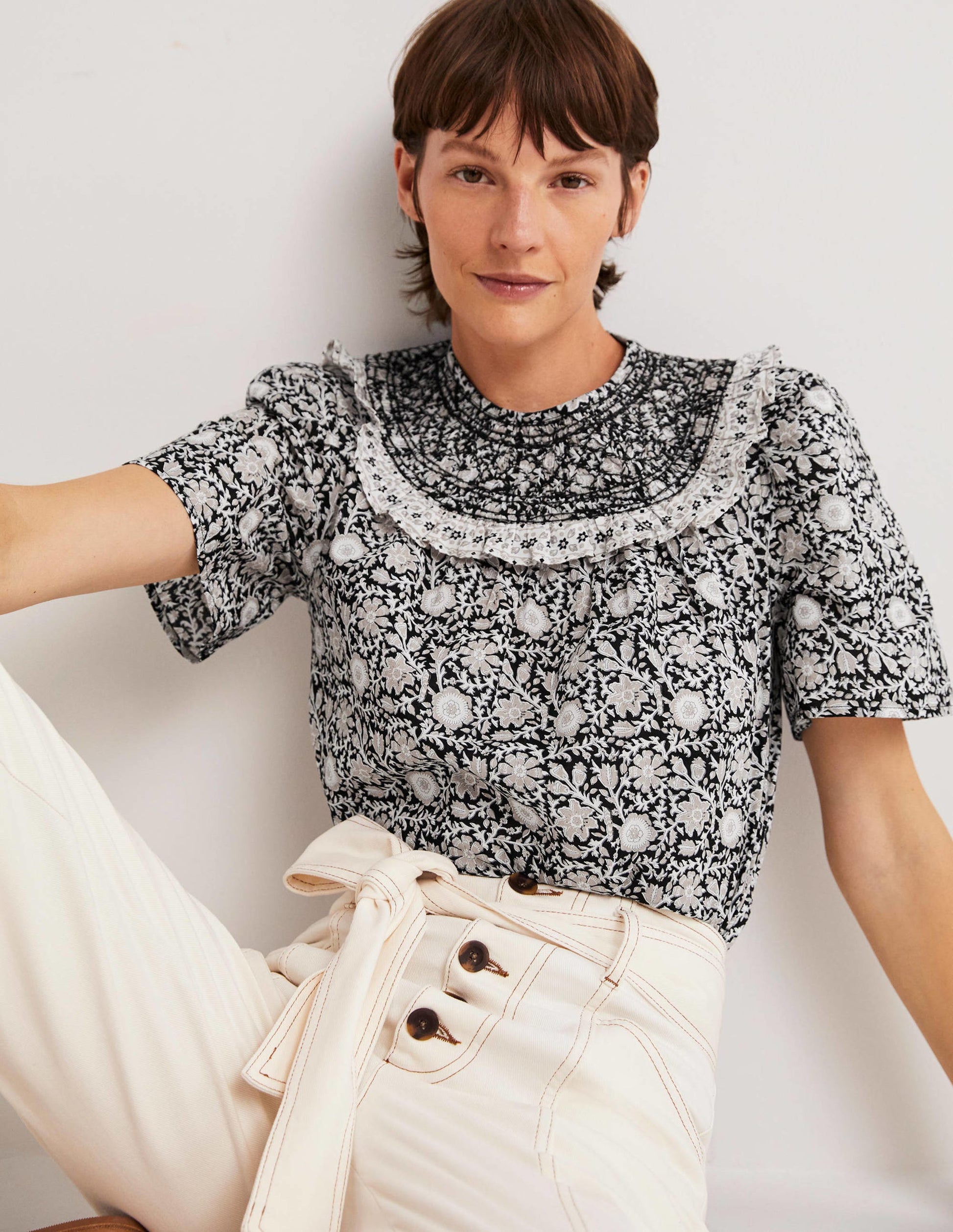 Smocked Neck Printed Top-Black, Enchanting Twig-4