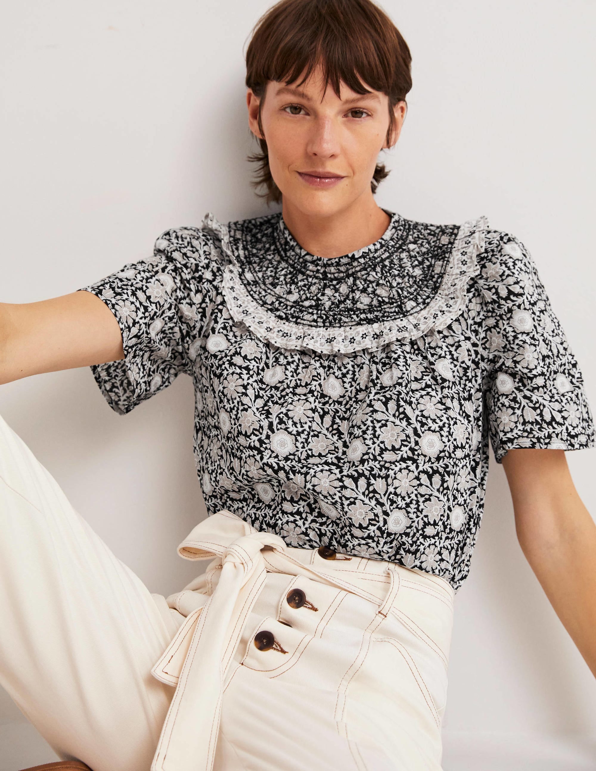 Smocked Neck Printed Top-Black, Enchanting Twig - Image 4