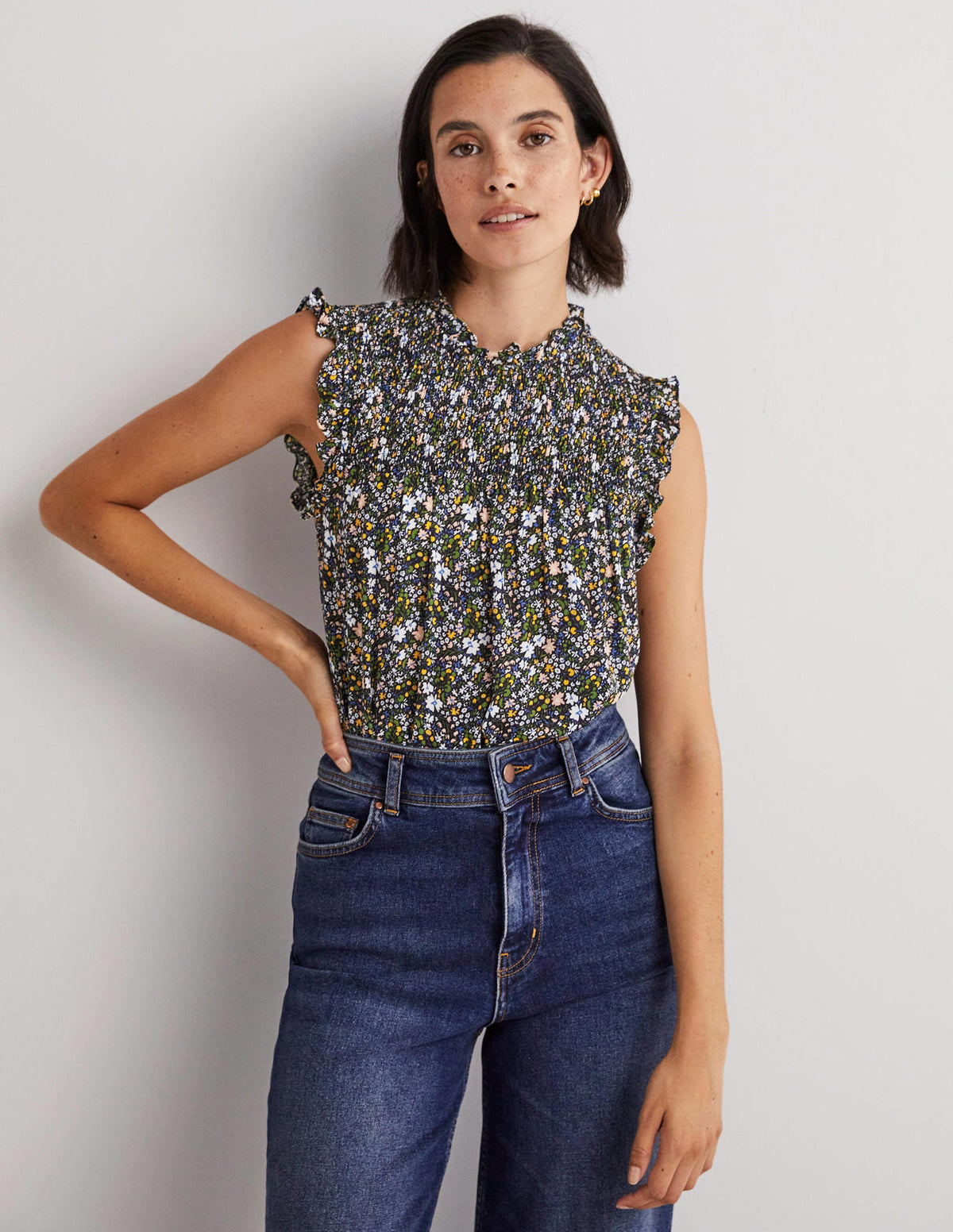 Sleeveless Smocked Top-Black, Abstract Ditsy - Image 1