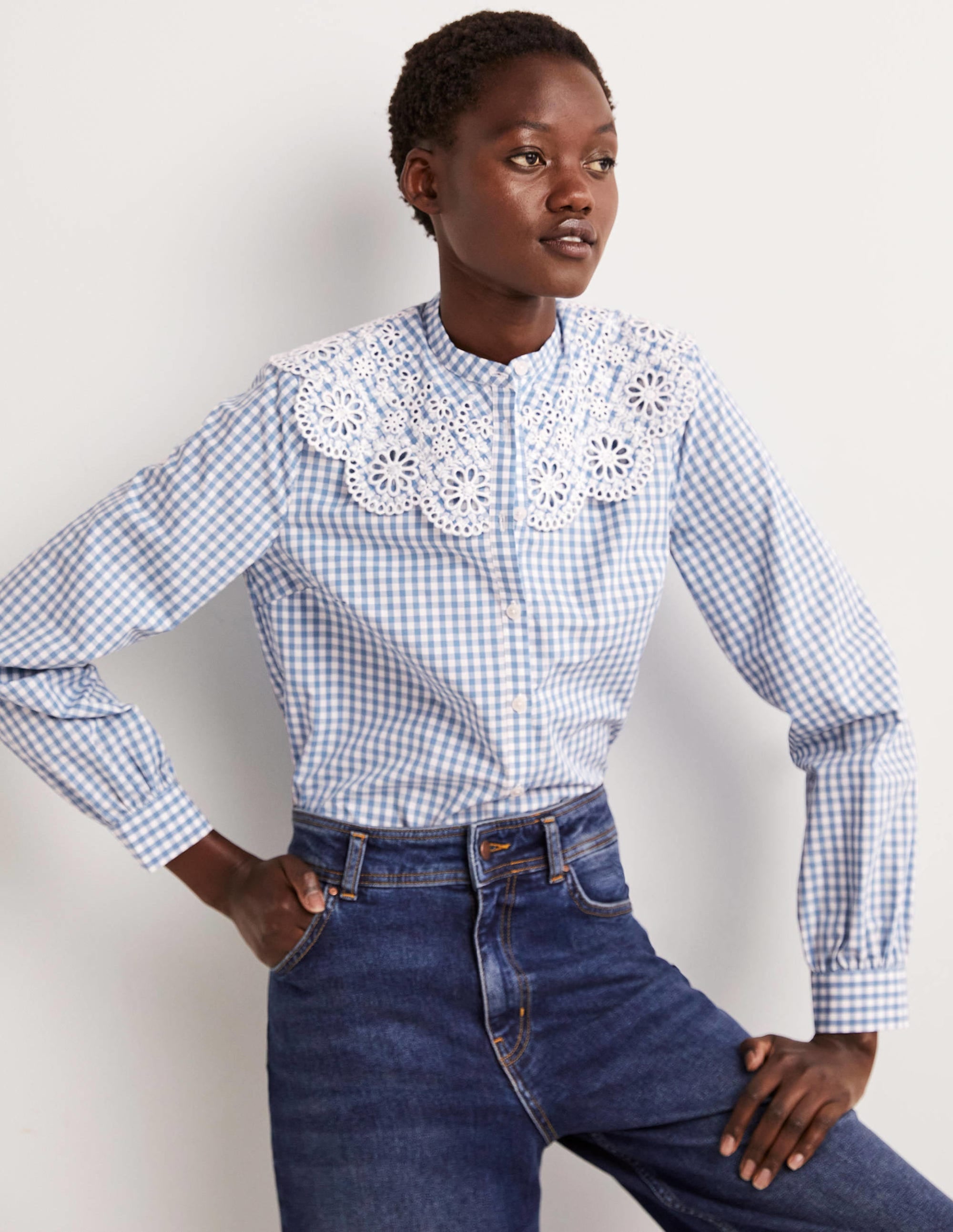 Broderie Collar Shirt-Blue, Gingham - Image 1
