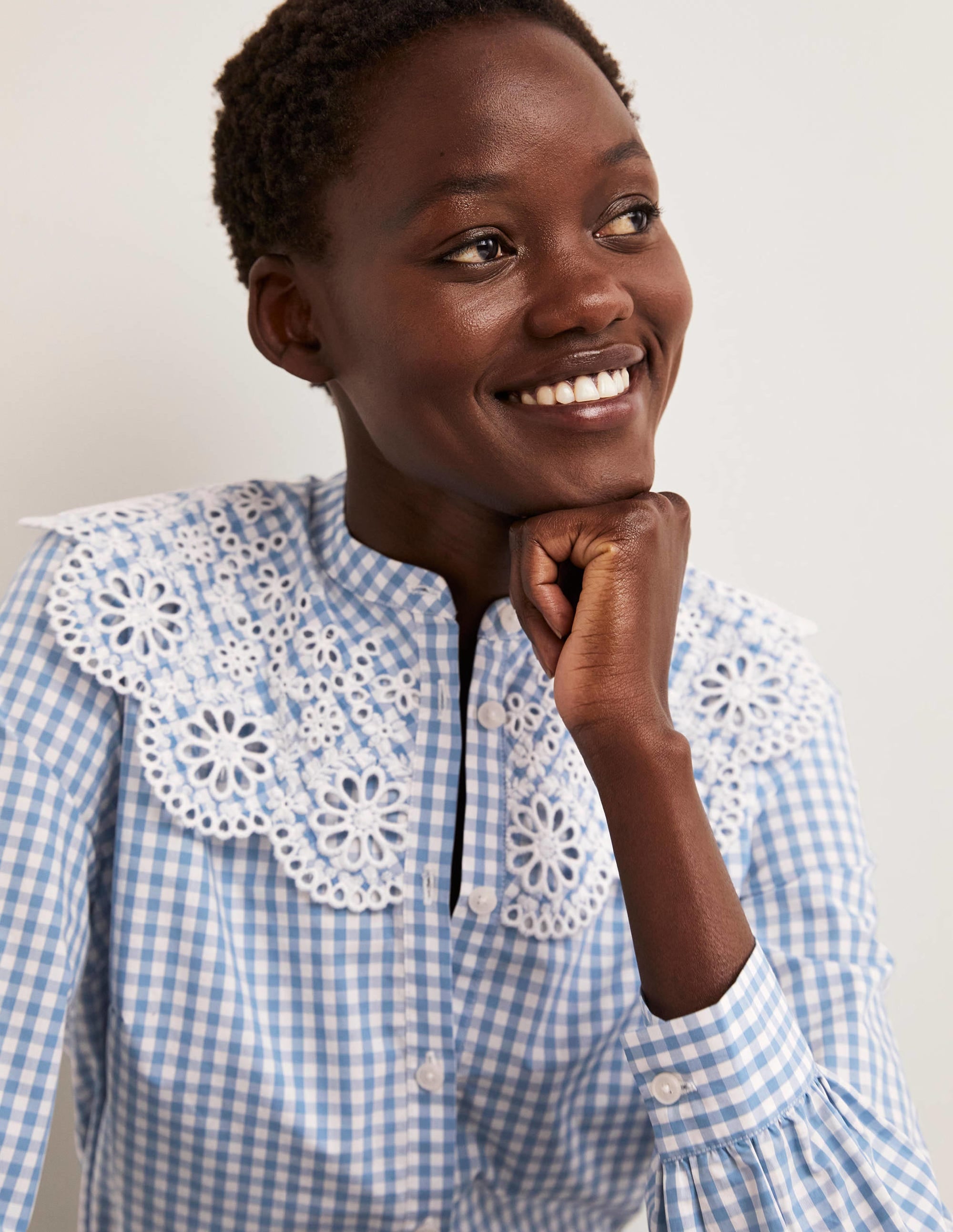 Broderie Collar Shirt-Blue, Gingham - Image 2