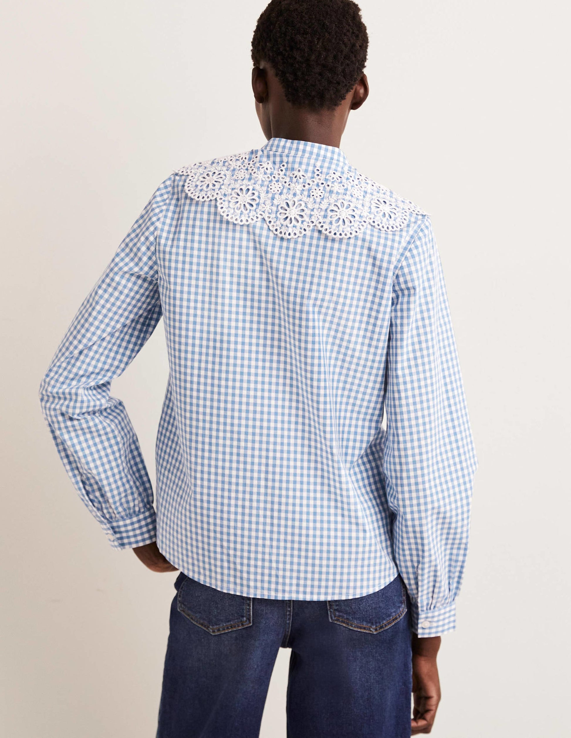 Broderie Collar Shirt-Blue, Gingham-3
