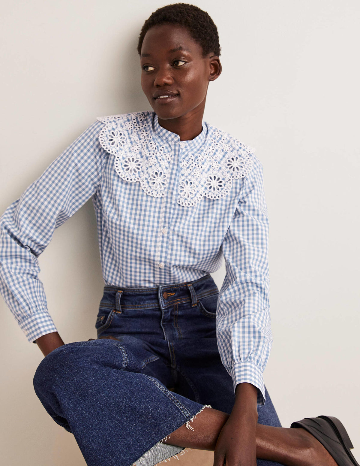 Broderie Collar Shirt-Blue, Gingham-4