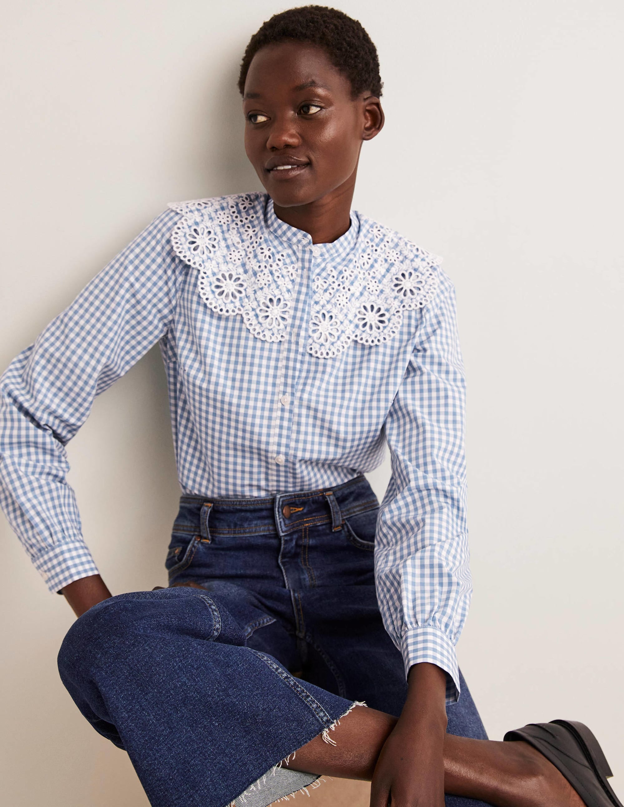 Broderie Collar Shirt-Blue, Gingham - Image 4