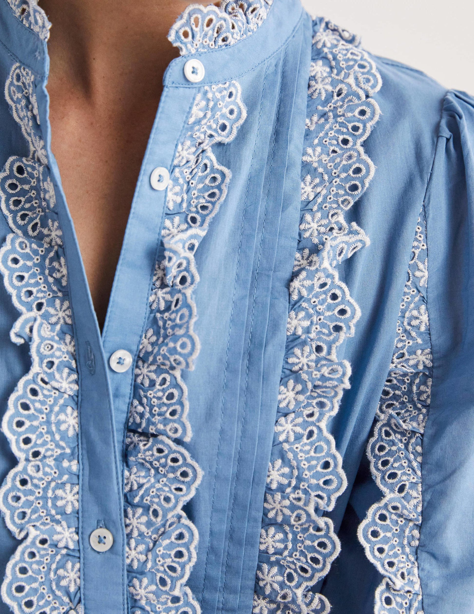Ruffle Sleeve Broderie Blouse-Riviera Blue-2