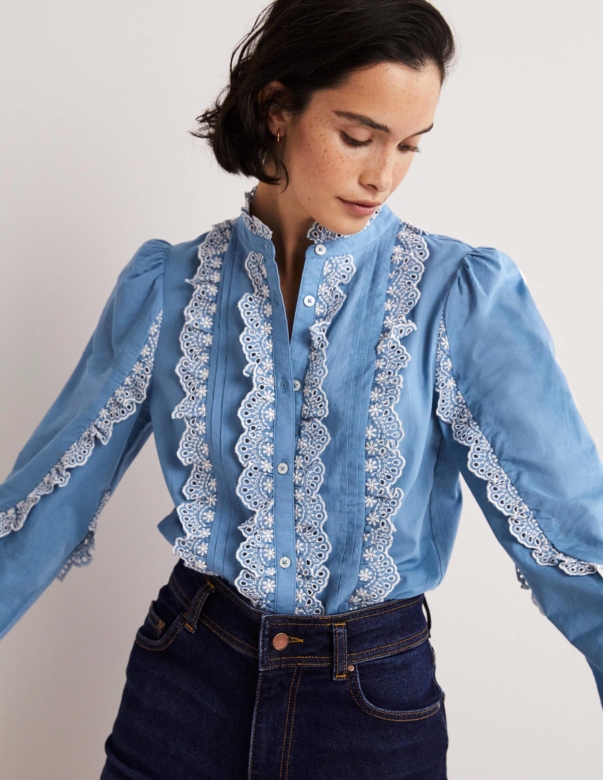 Ruffle Sleeve Broderie Blouse-Riviera Blue-4