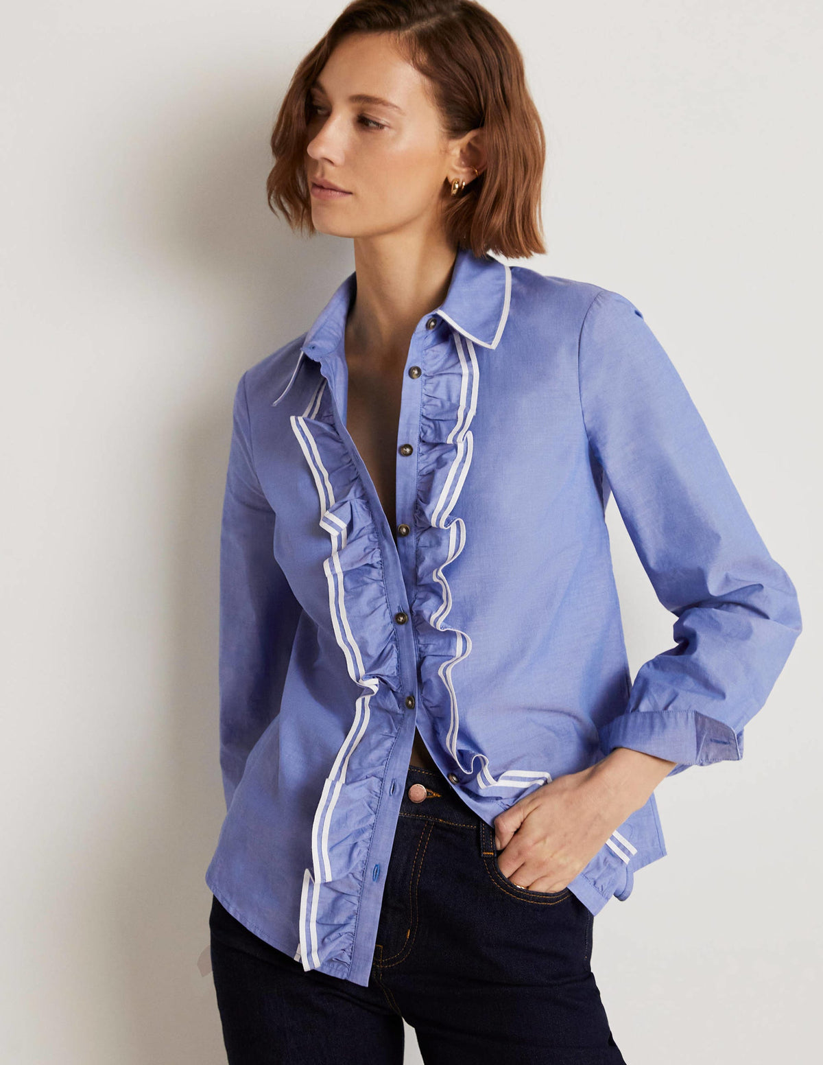 Ruffle Trim Collar Shirt-Chambray - Image 1