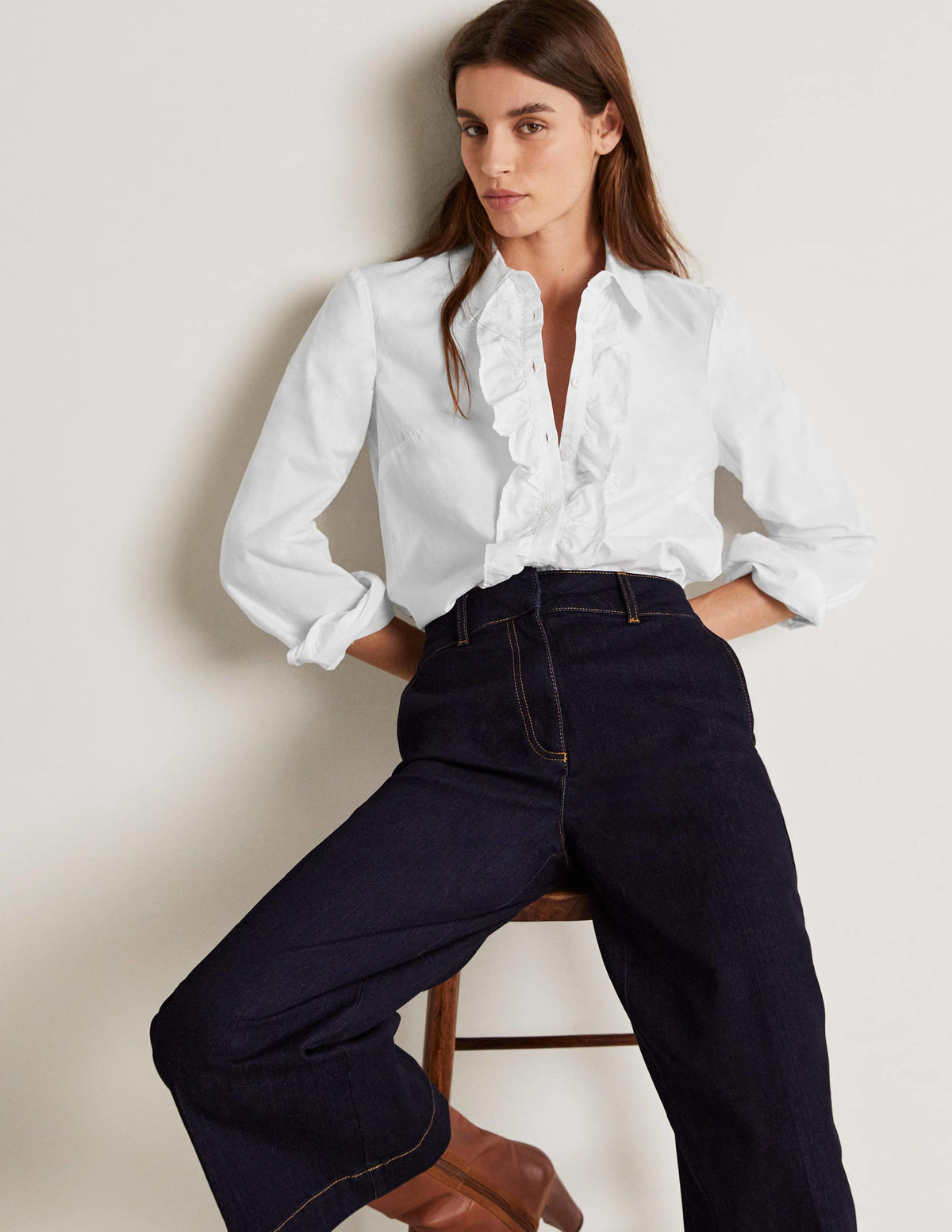 Ruffle Trim Collar Shirt-White-1