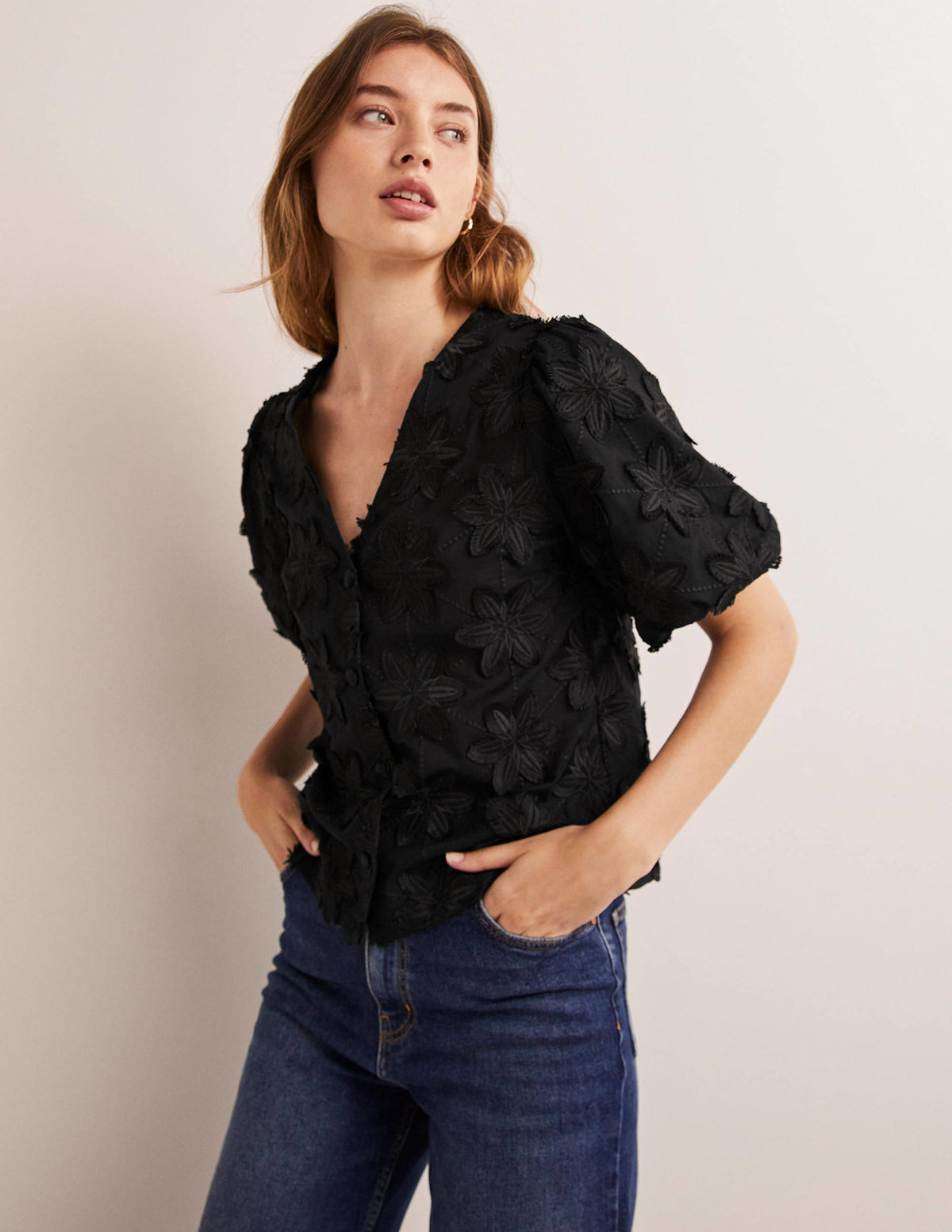 Puff Sleeve Button Blouse-Black-1