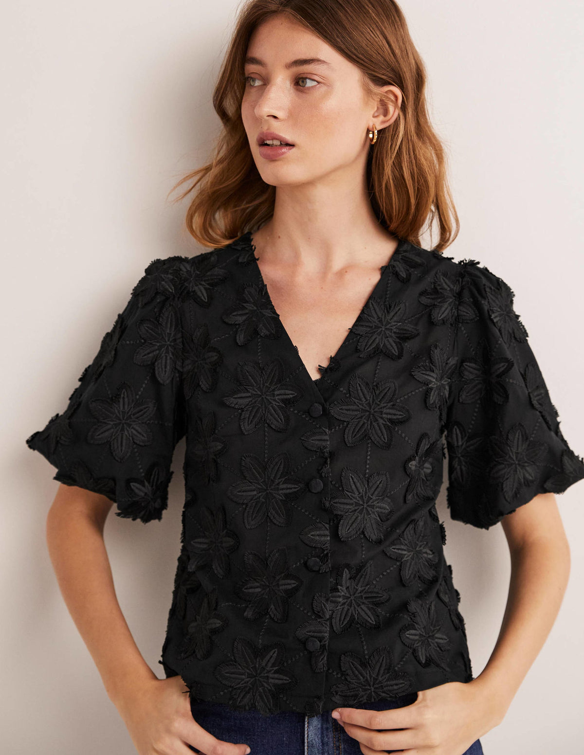 Puff Sleeve Button Blouse-Black - Image 4