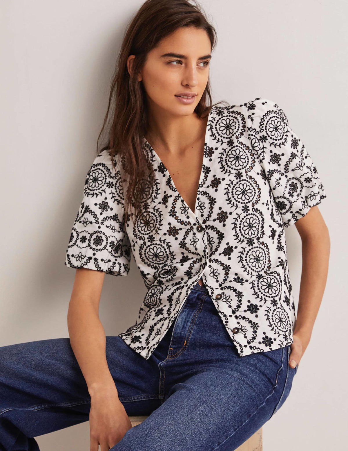 Puff Sleeve Button Blouse-White-1