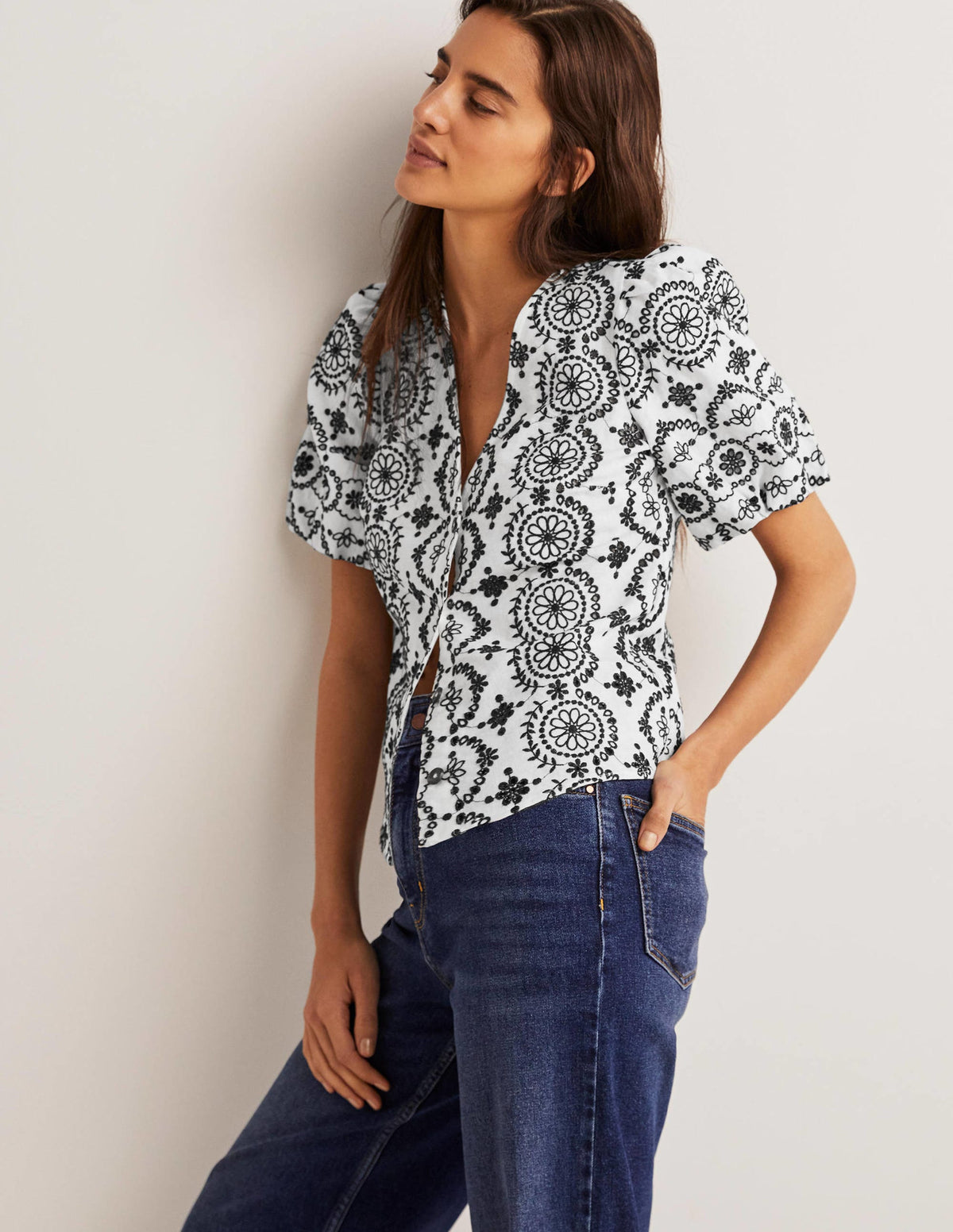 Puff Sleeve Button Blouse-White-4