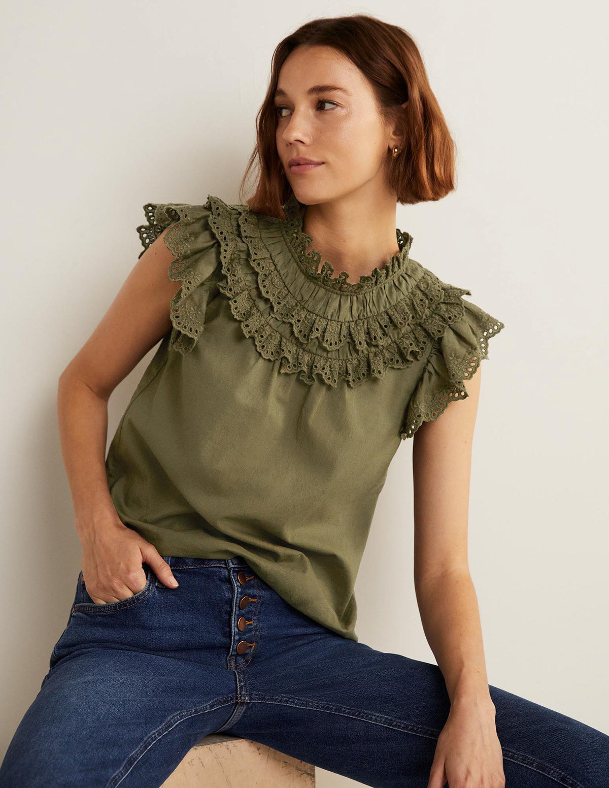 Sleeveless Broderie Top-Basil Green - Image 1