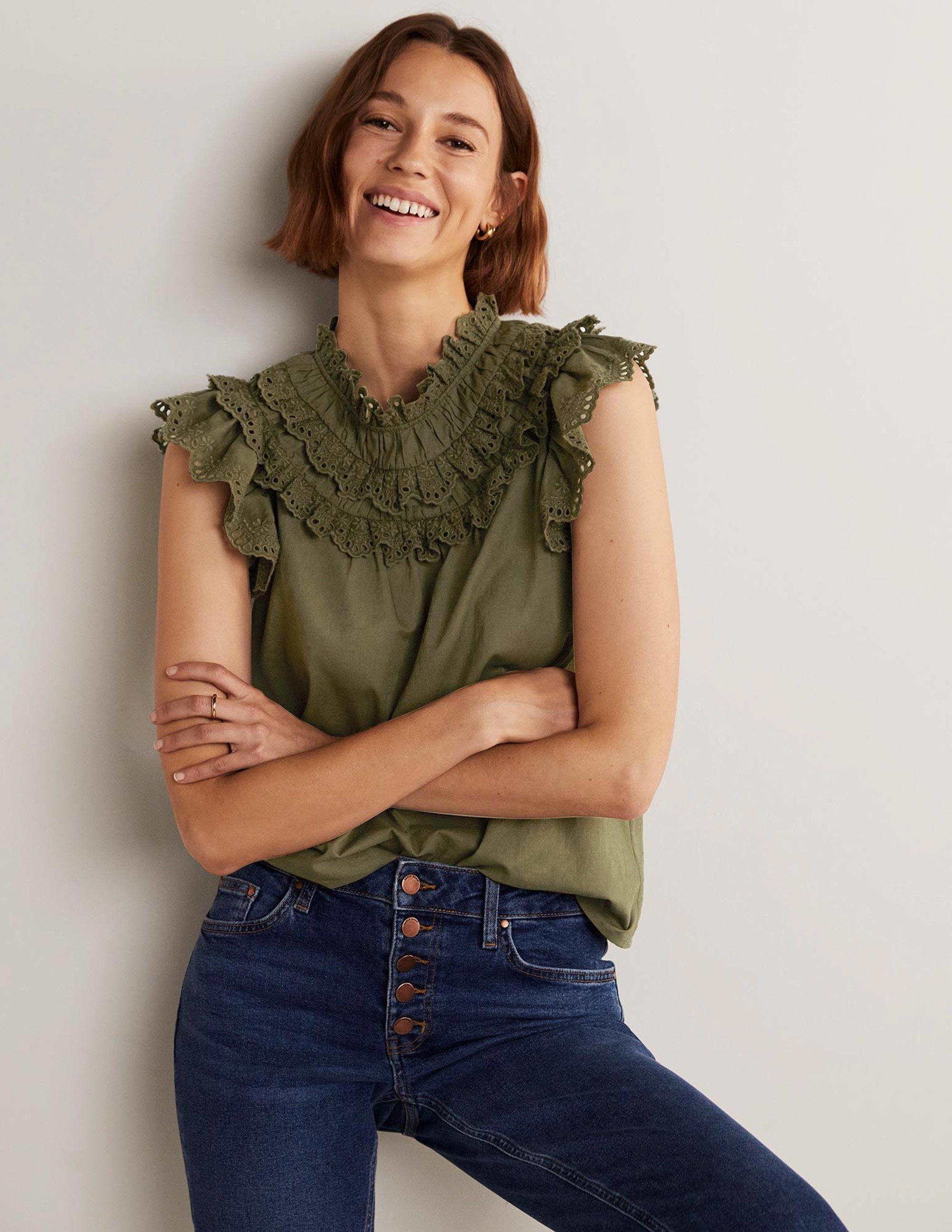 Sleeveless Broderie Top-Basil Green - Image 4
