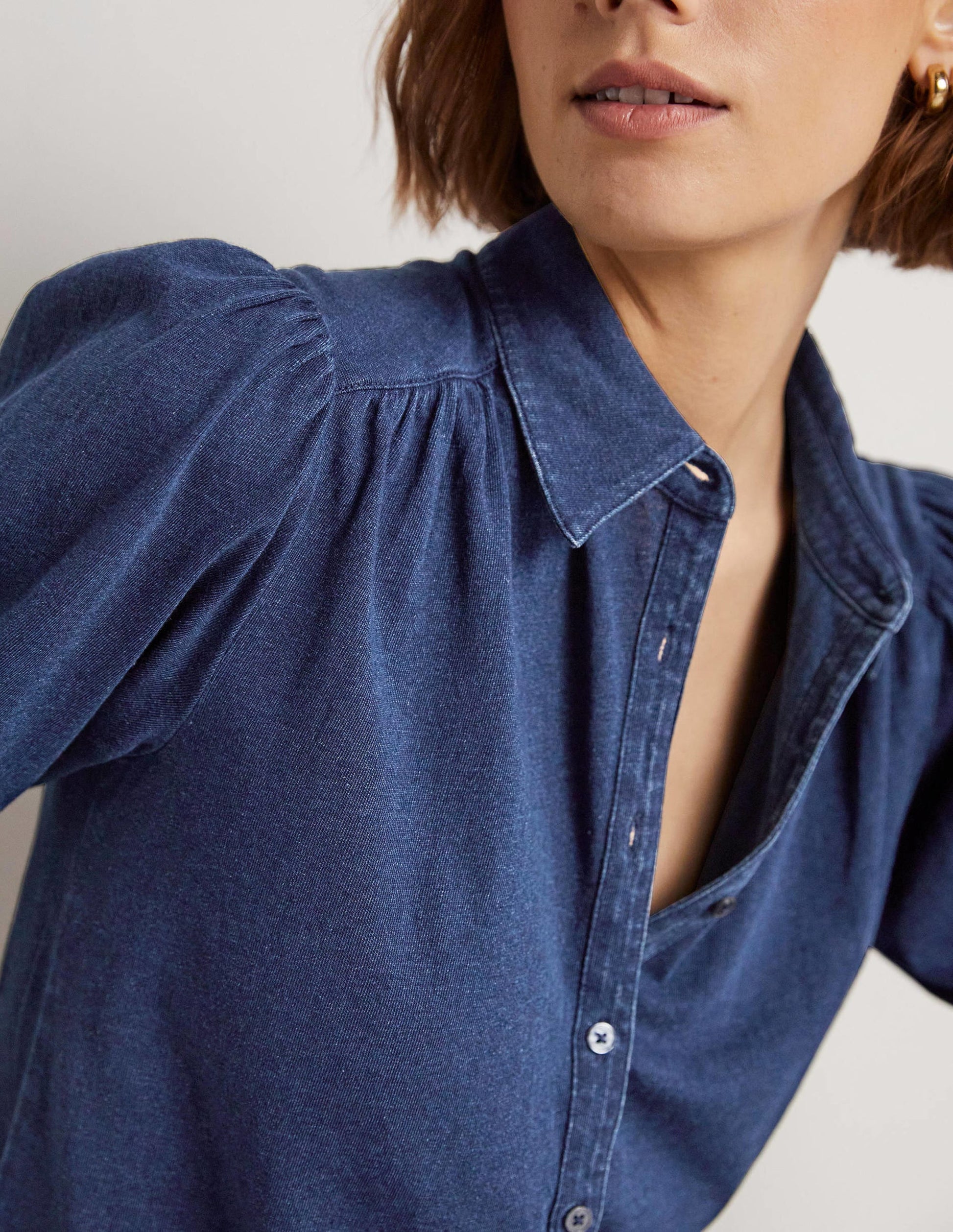 Puff Sleeve Jersey Shirt-Mid Indigo-6