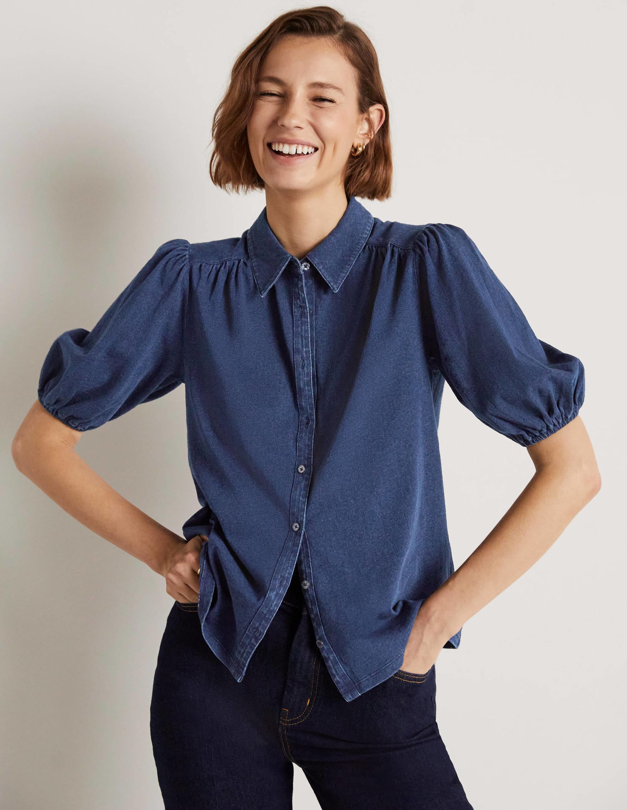 Puff Sleeve Jersey Shirt-Mid Indigo - Image 1