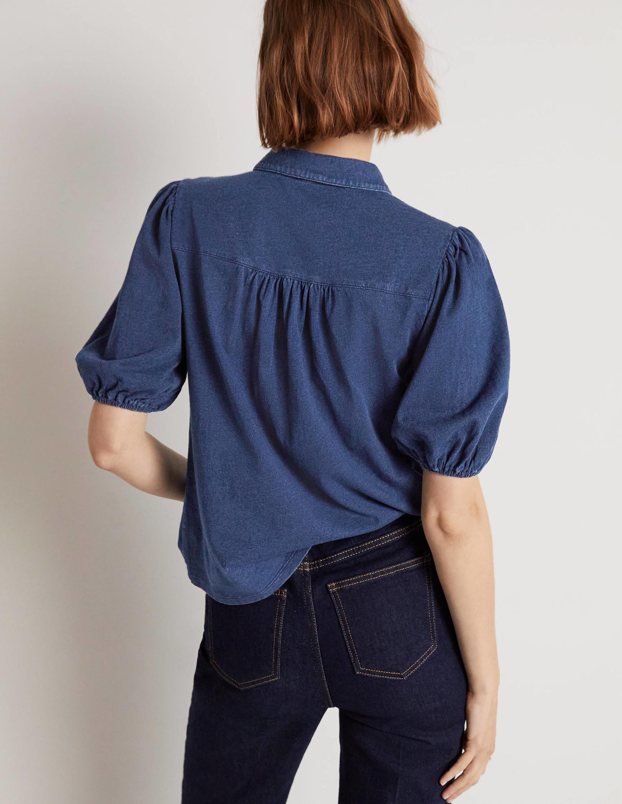 Puff Sleeve Jersey Shirt-Mid Indigo - Image 3