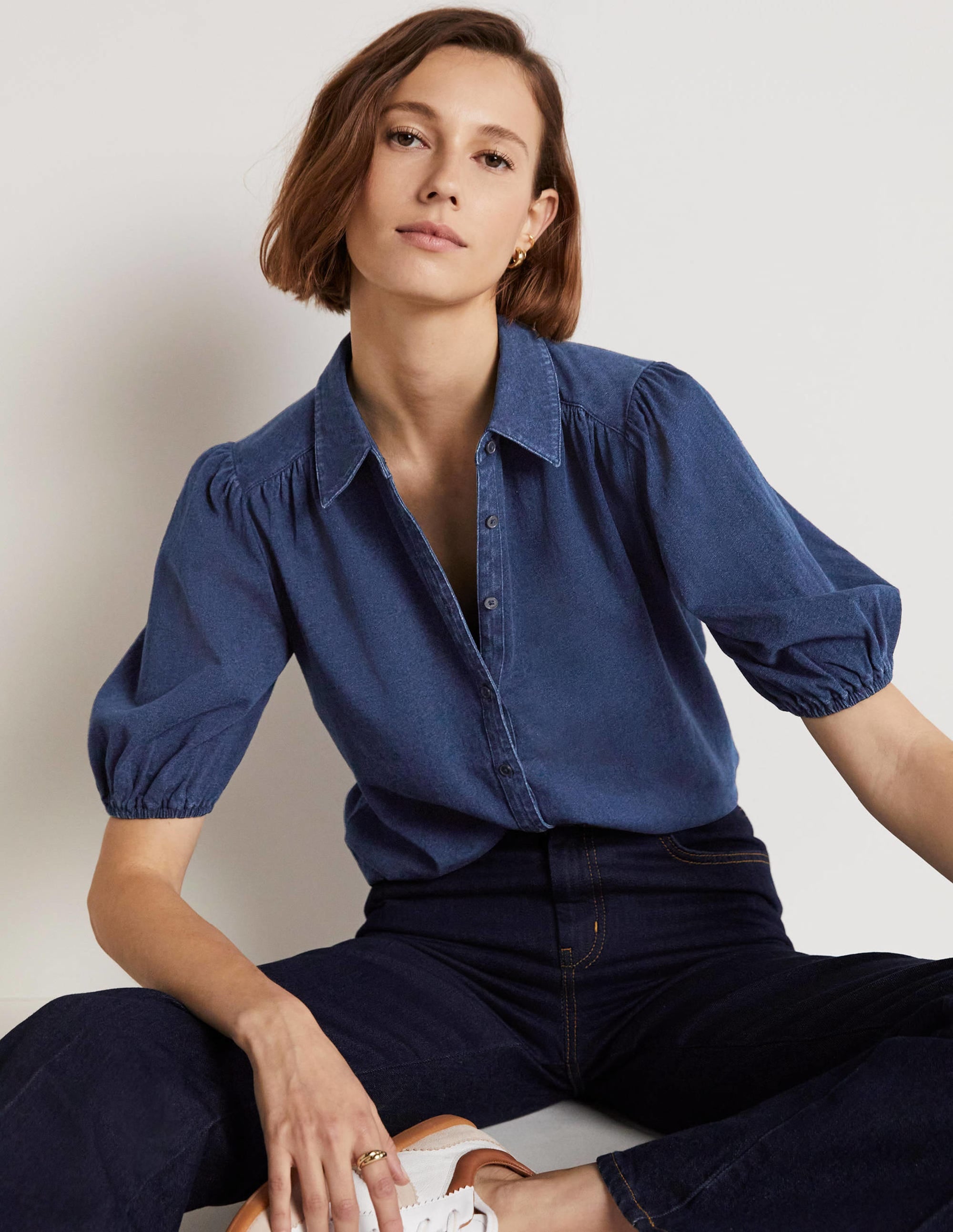 Puff Sleeve Jersey Shirt-Mid Indigo - Image 4