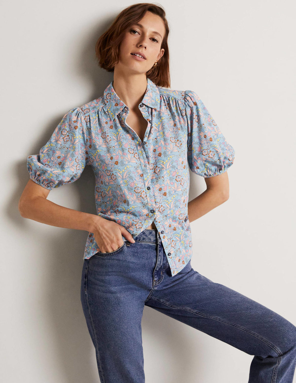 Puff Sleeve Jersey Shirt-Dusty Blue, WIldflower - Image 1