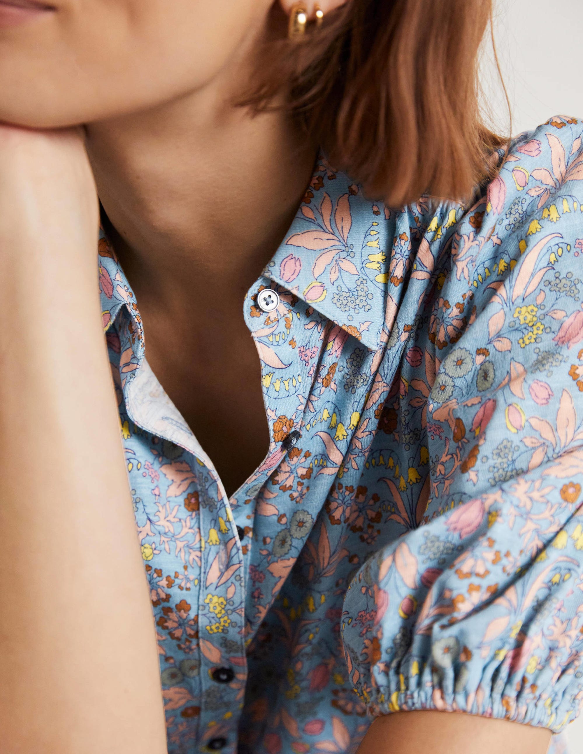 Puff Sleeve Jersey Shirt-Dusty Blue, WIldflower - Image 2