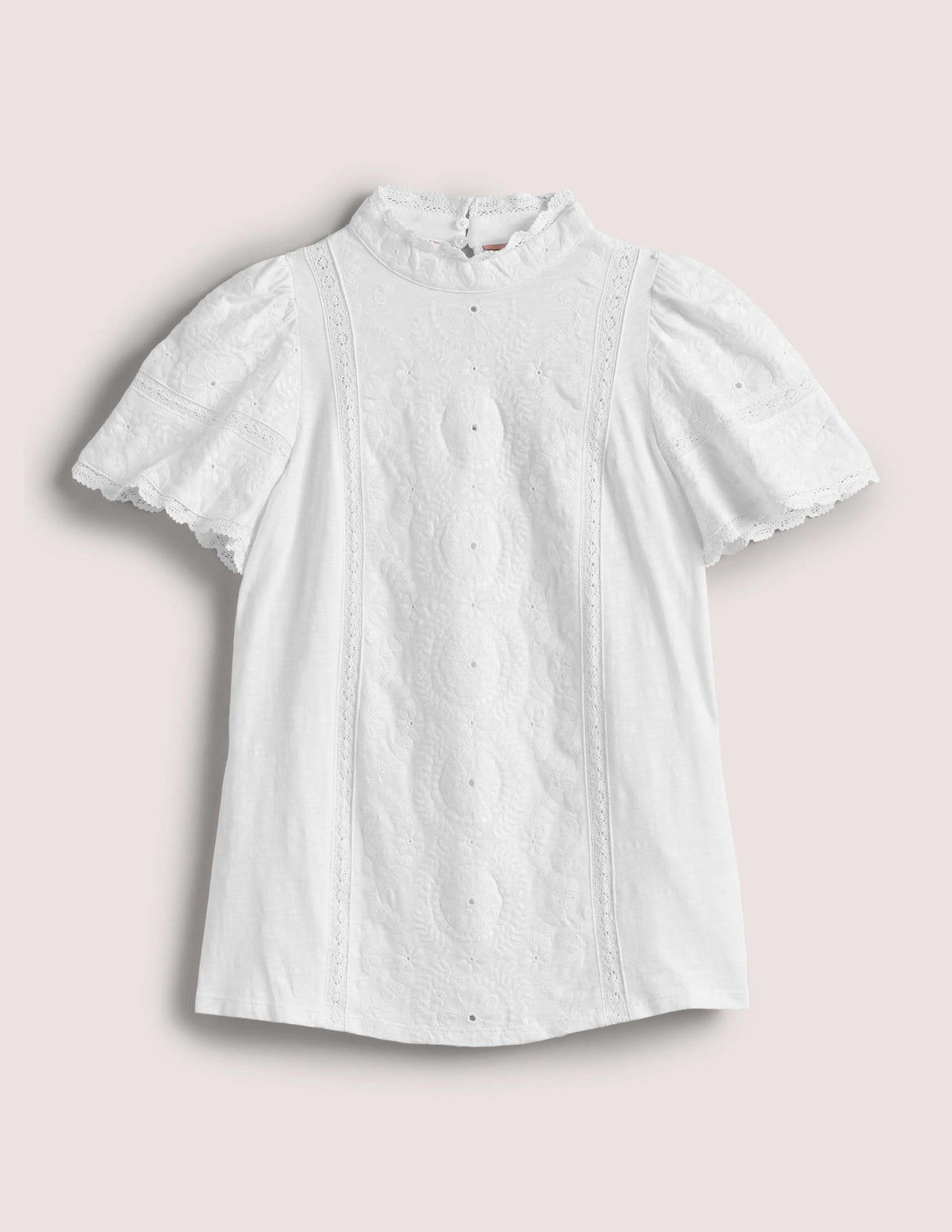 Broderie High Neck Jersey Top-White-5