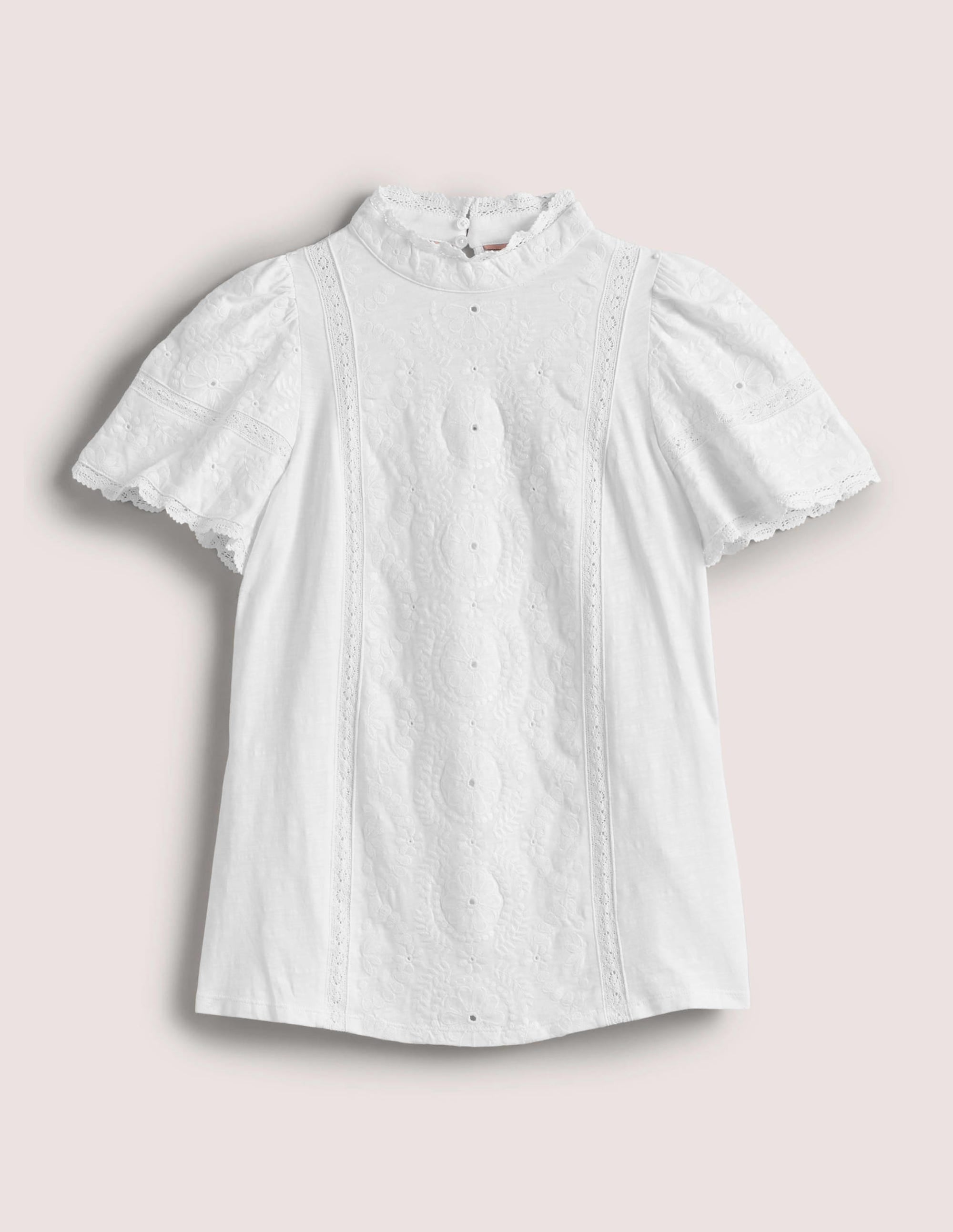 Broderie High Neck Jersey Top-White - Image 5