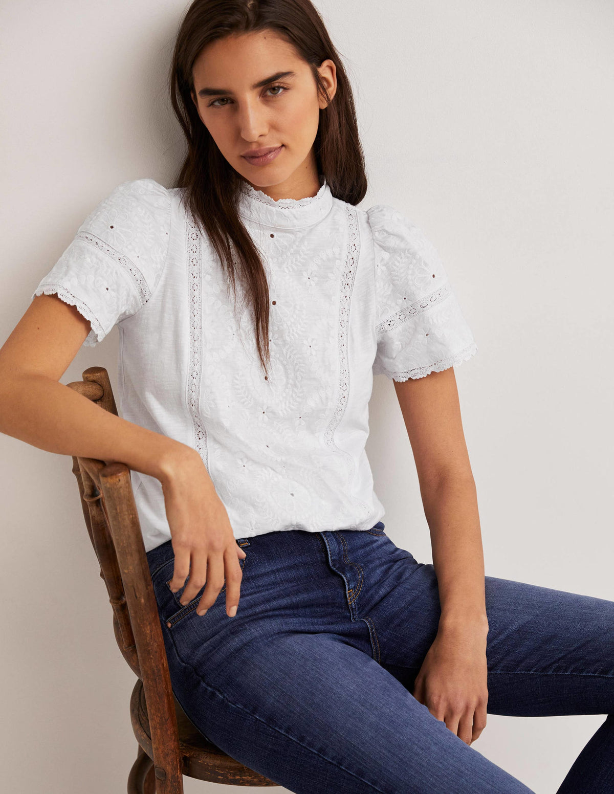 Broderie High Neck Jersey Top-White-1