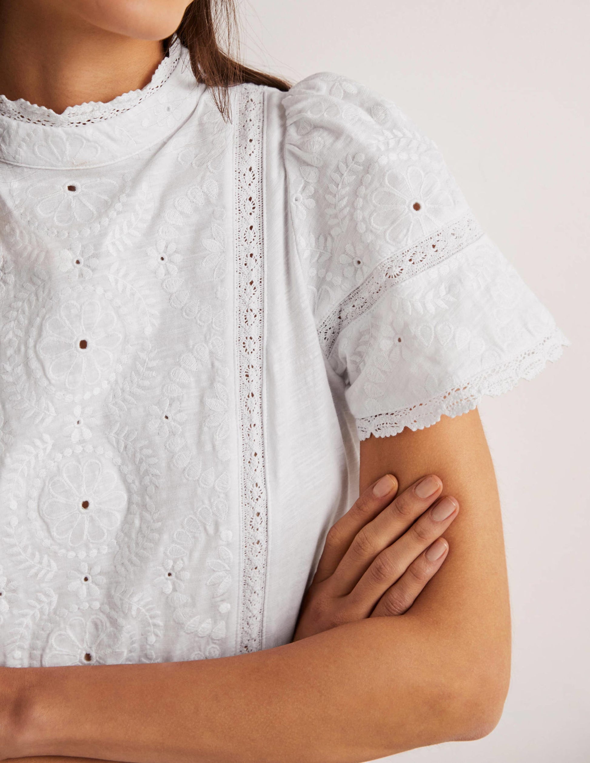 Broderie High Neck Jersey Top-White-2