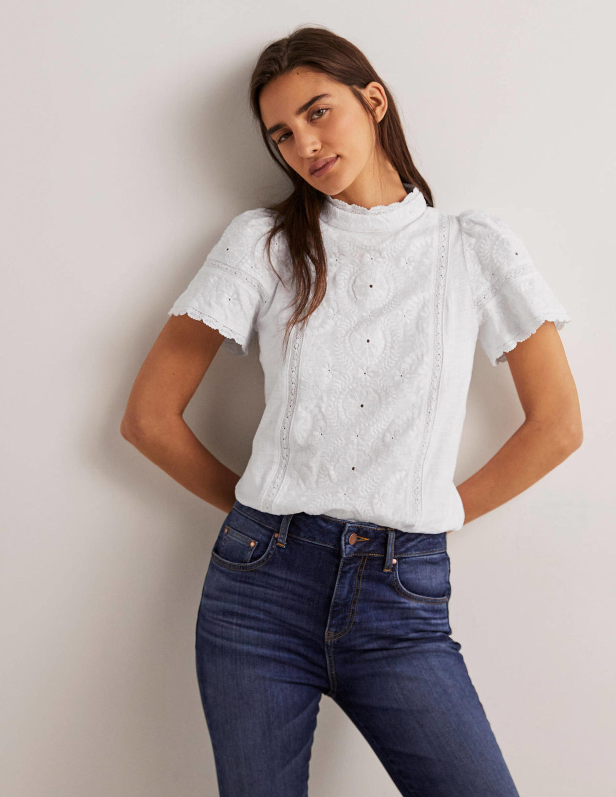Broderie High Neck Jersey Top-White - Image 4