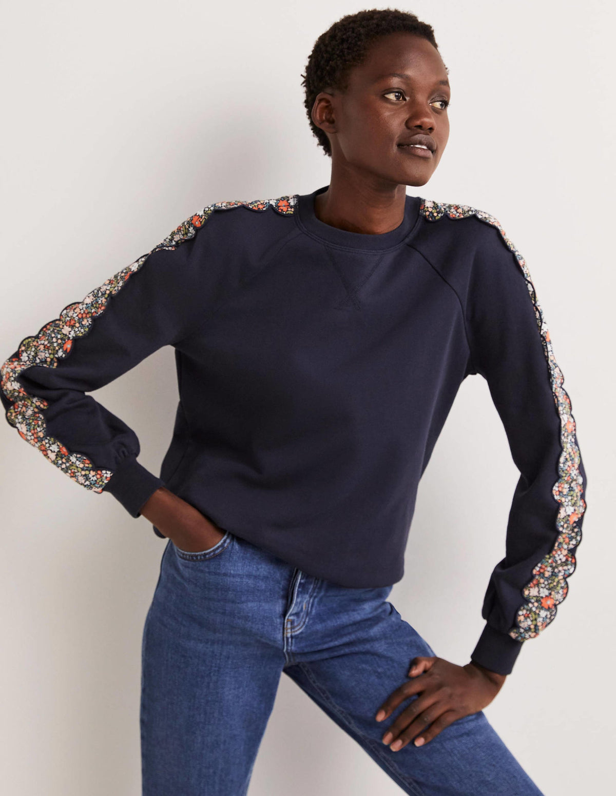 Scallop Detail Sweatshirt-French Navy, Abstract Ditsy - Image 1