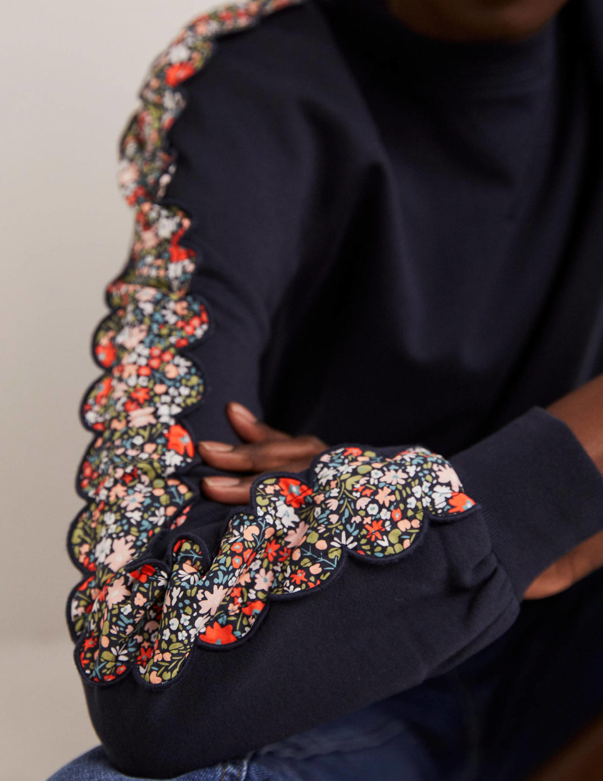 Scallop Detail Sweatshirt-French Navy, Abstract Ditsy - Image 2