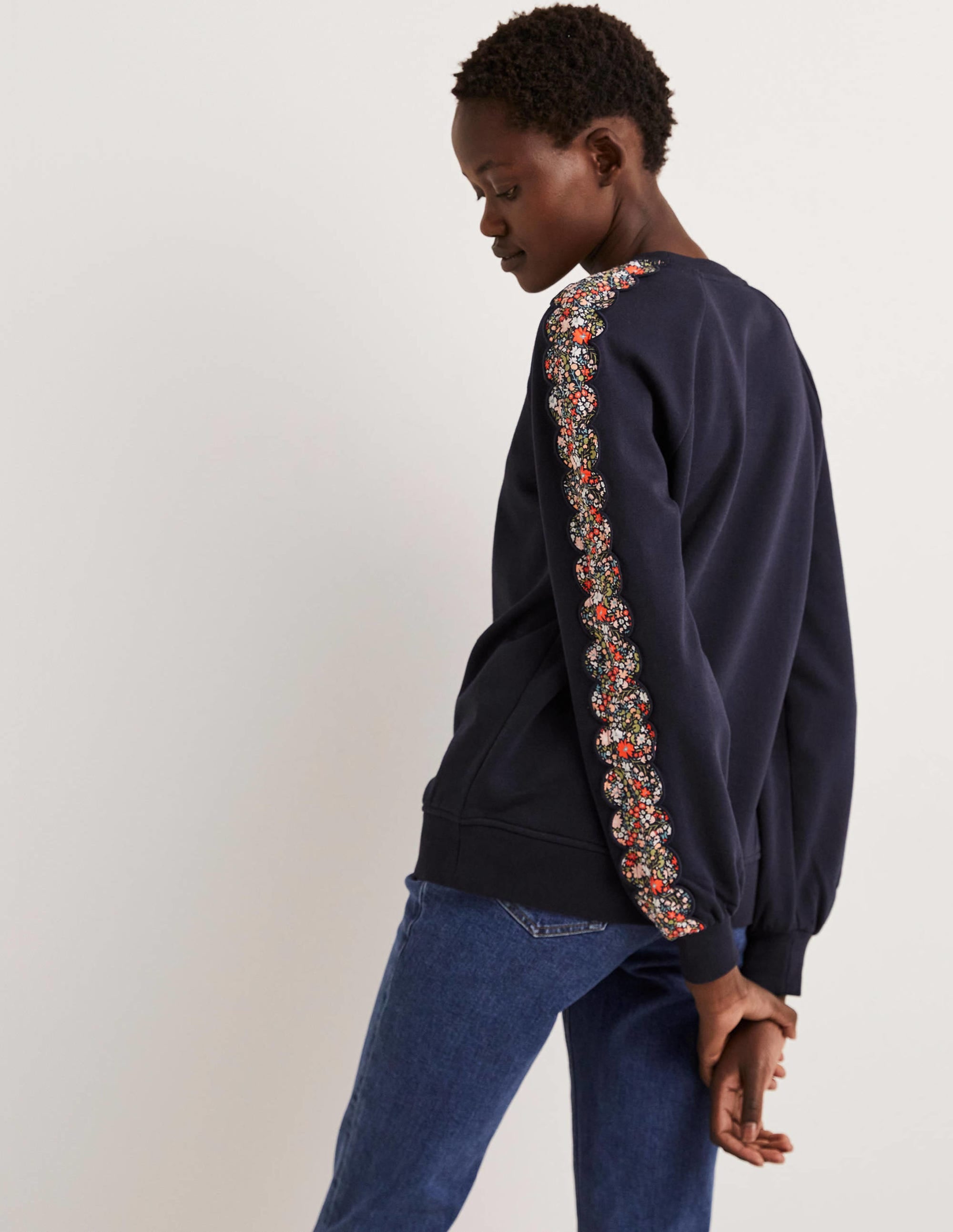 Scallop Detail Sweatshirt-French Navy, Abstract Ditsy - Image 3