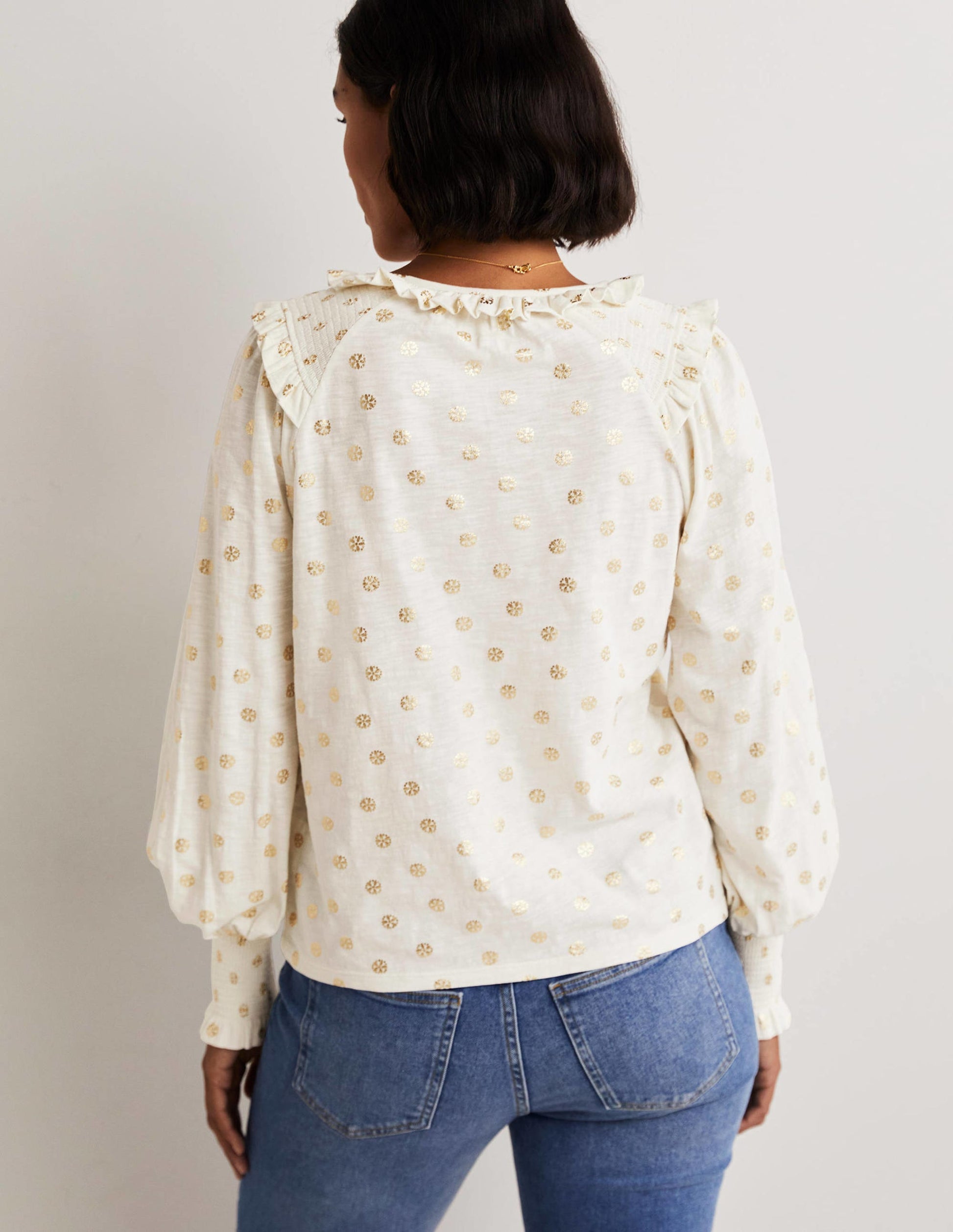 Notch Neck Smocked Frill Top-Ivory, Dainty Foil-3