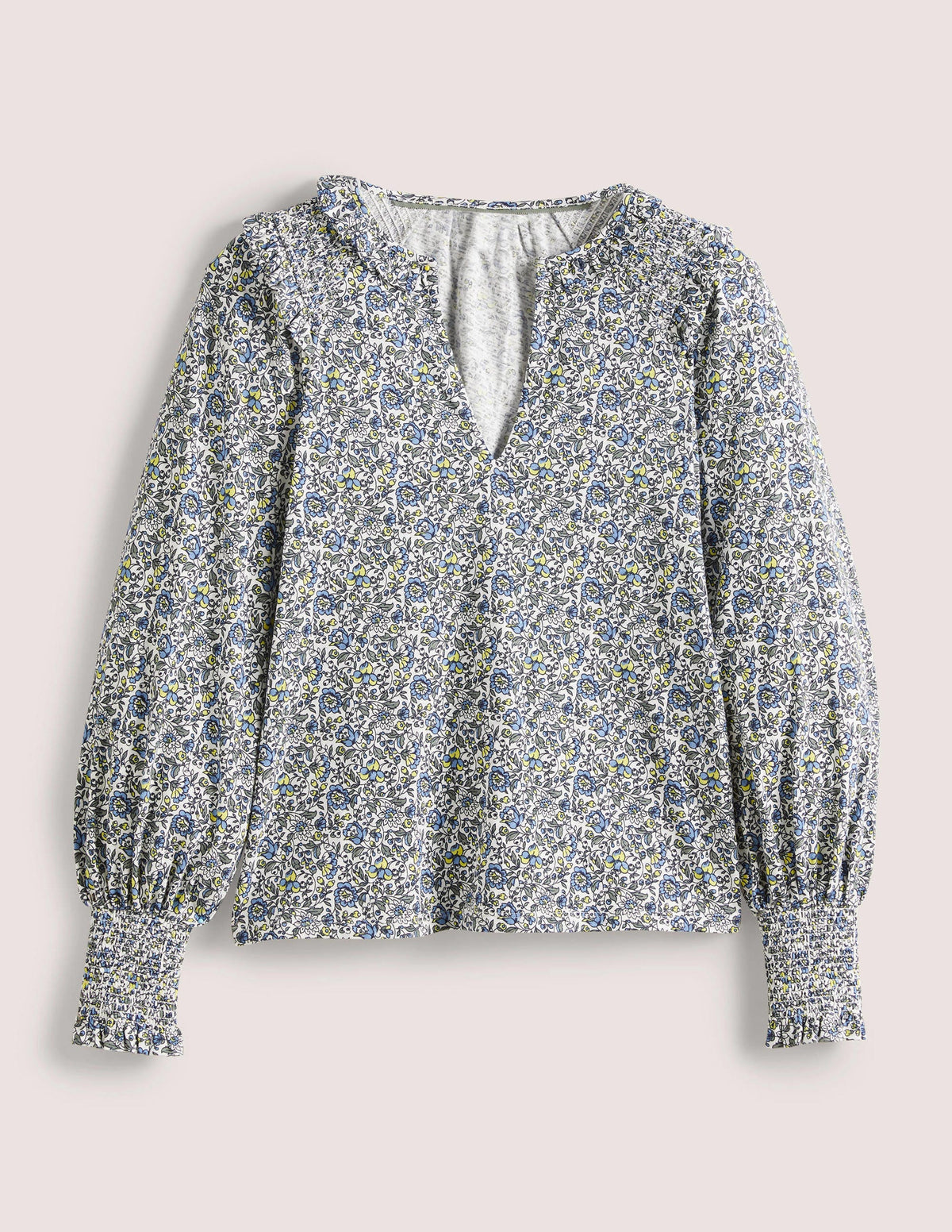 Notch Neck Smocked Frill Top-Ivory, Botanic Meadow - Image 6