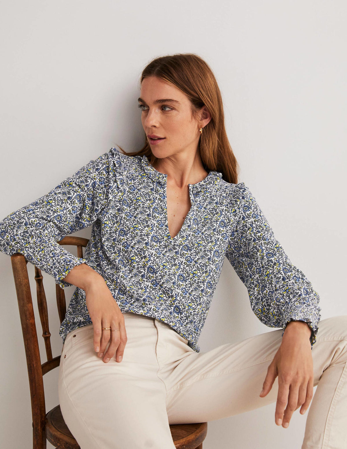 Notch Neck Smocked Frill Top-Ivory, Botanic Meadow-1