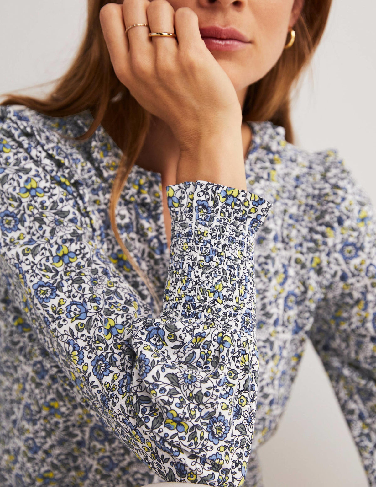 Notch Neck Smocked Frill Top-Ivory, Botanic Meadow - Image 2