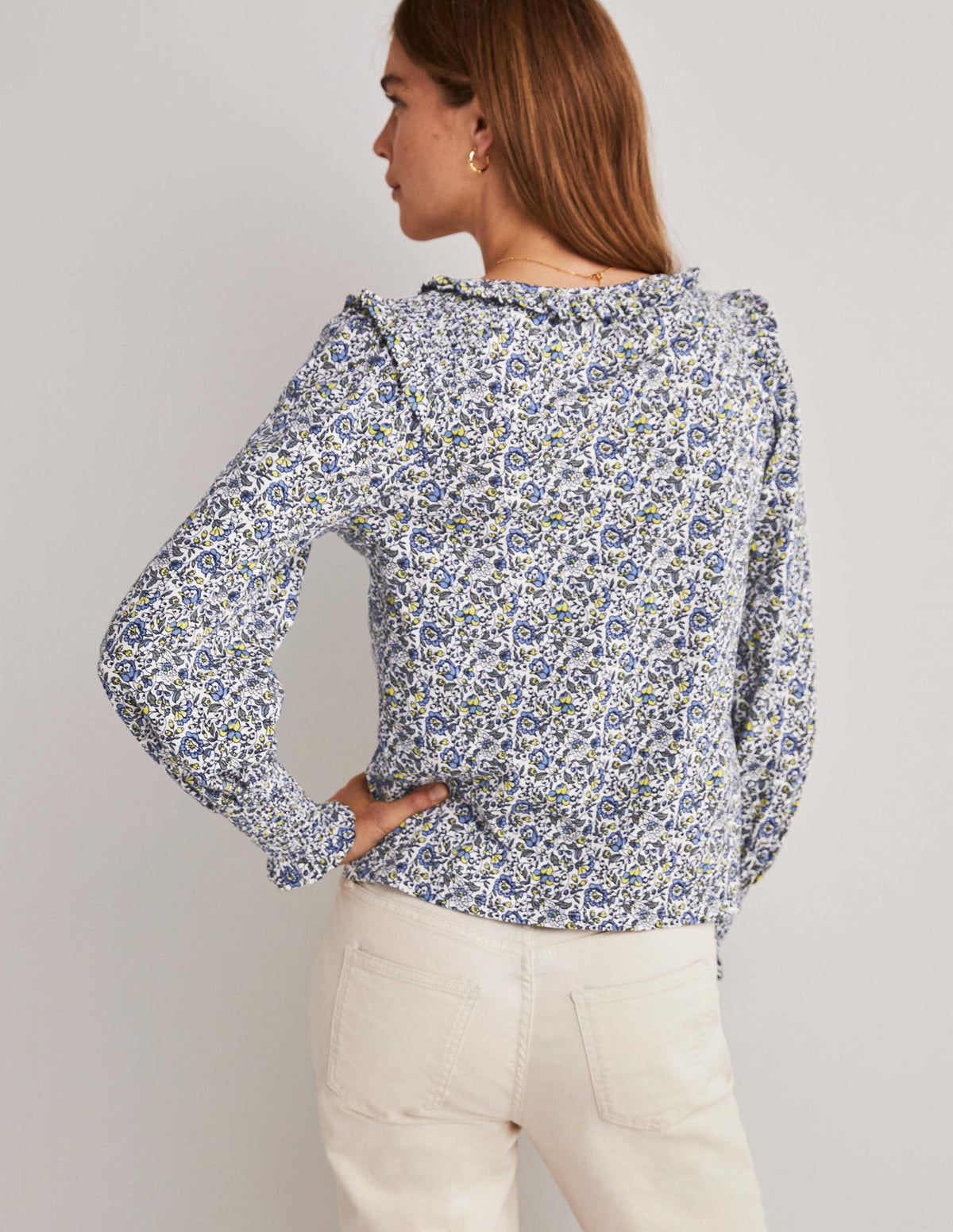 Notch Neck Smocked Frill Top-Ivory, Botanic Meadow - Image 3