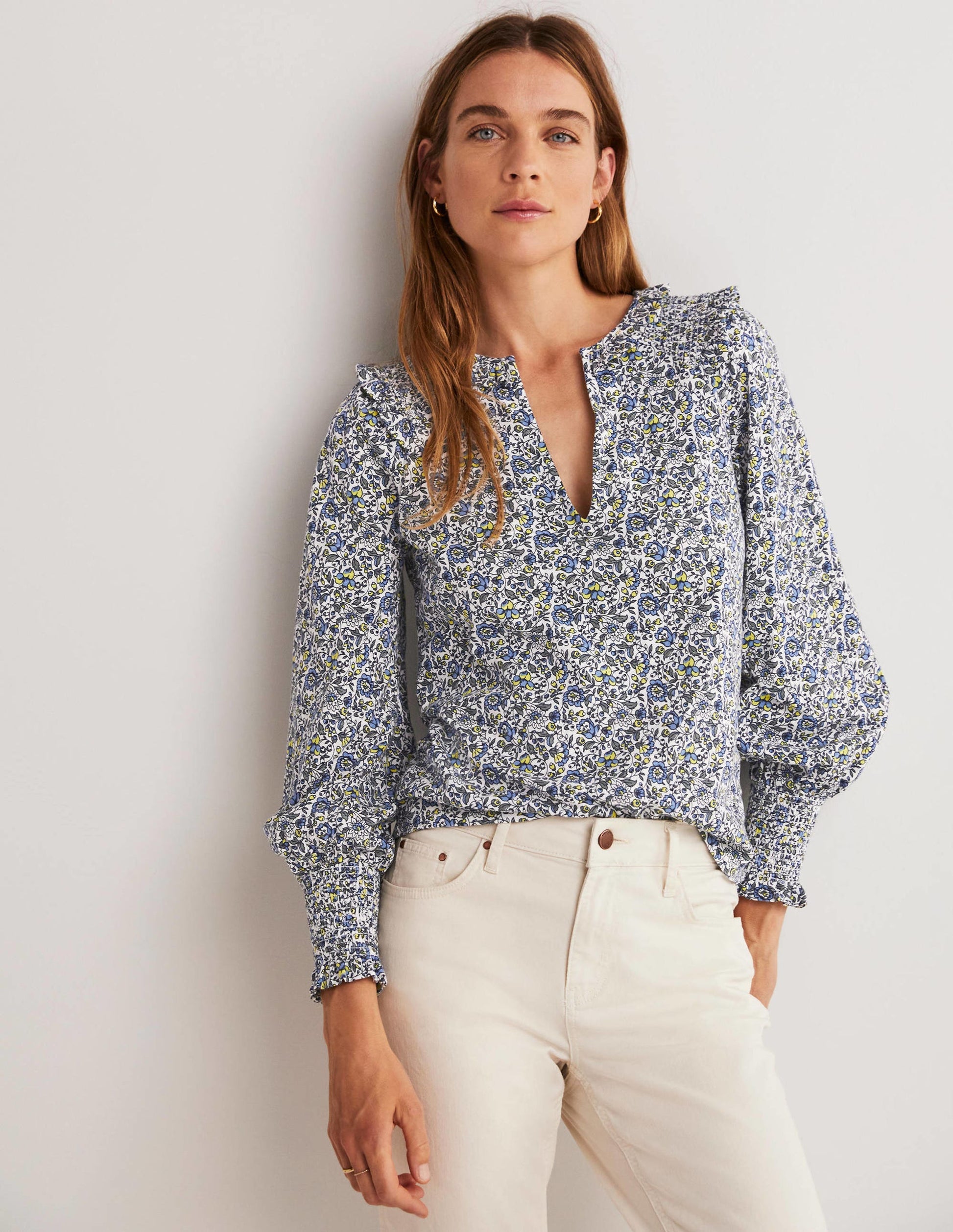 Notch Neck Smocked Frill Top-Ivory, Botanic Meadow-4