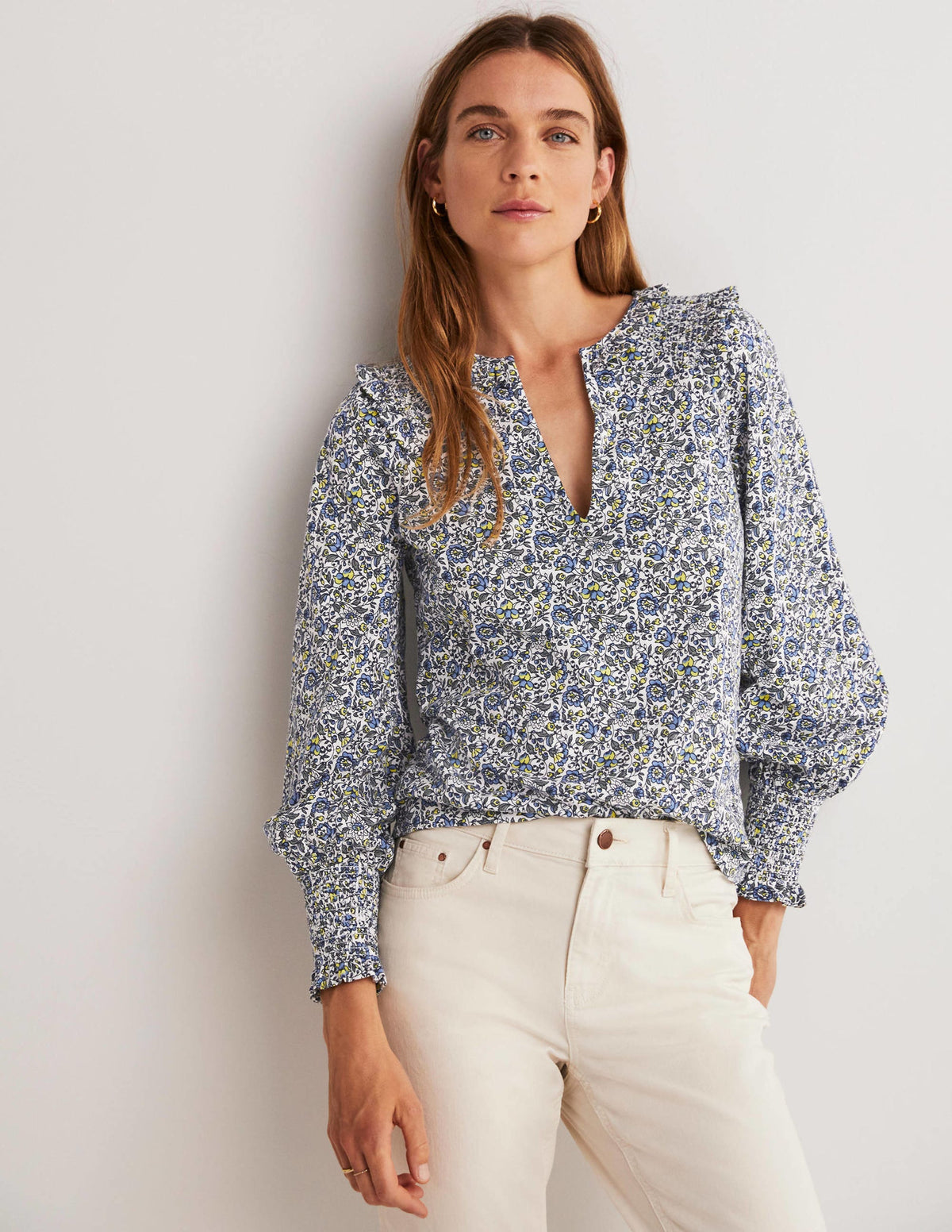 Notch Neck Smocked Frill Top-Ivory, Botanic Meadow - Image 4