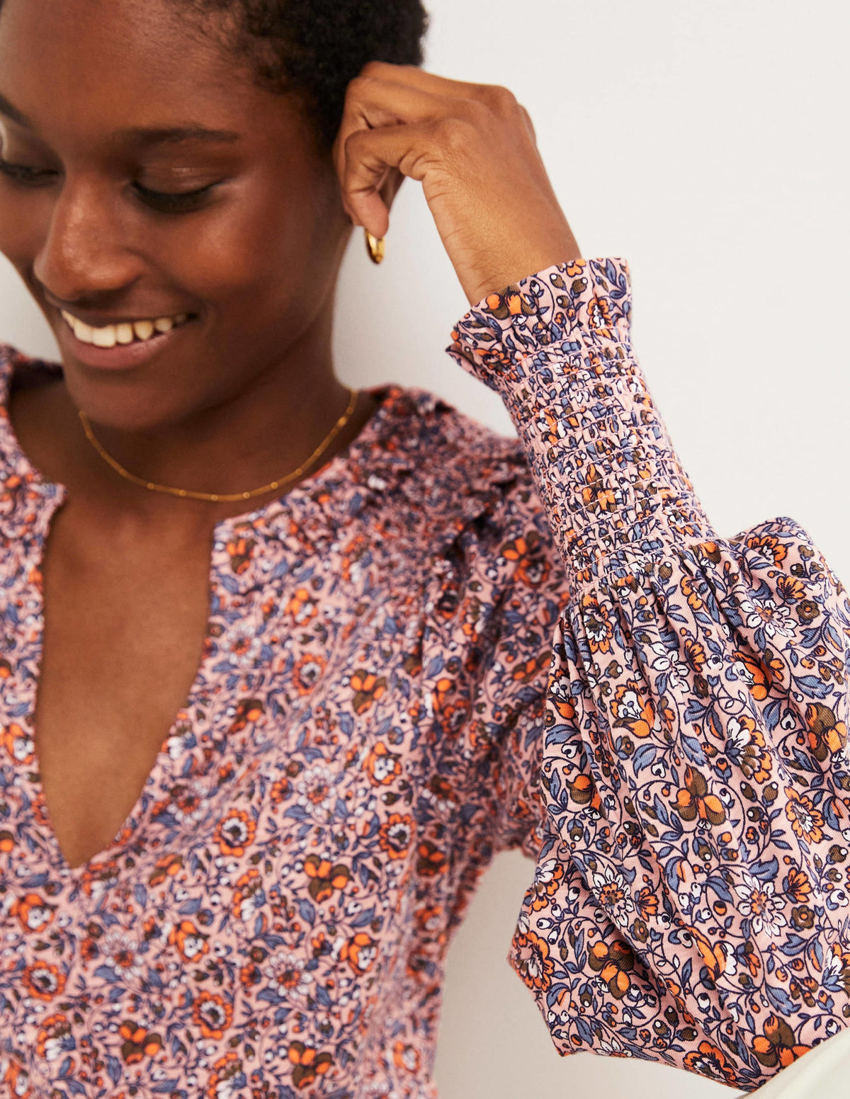Notch Neck Smocked Frill Top-Milkshake, Botanic Meadow - Image 2