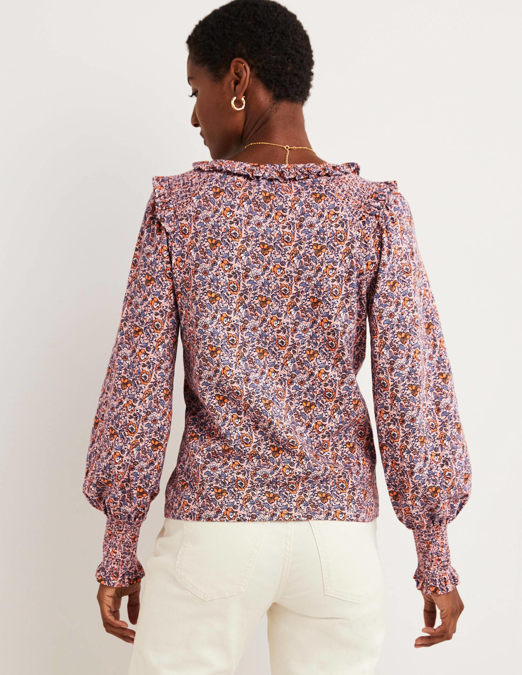 Notch Neck Smocked Frill Top-Milkshake, Botanic Meadow - Image 3