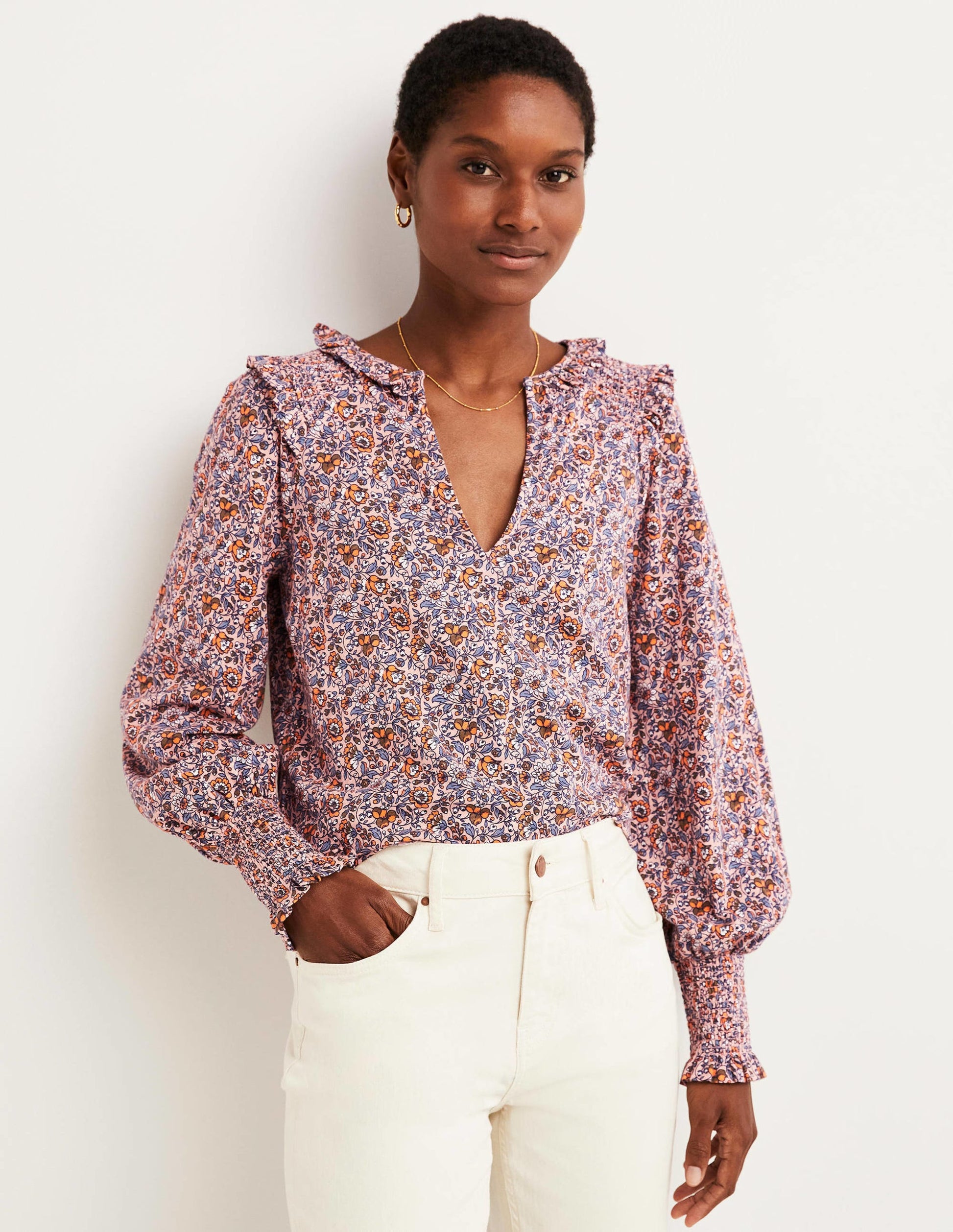 Notch Neck Smocked Frill Top-Milkshake, Botanic Meadow-4