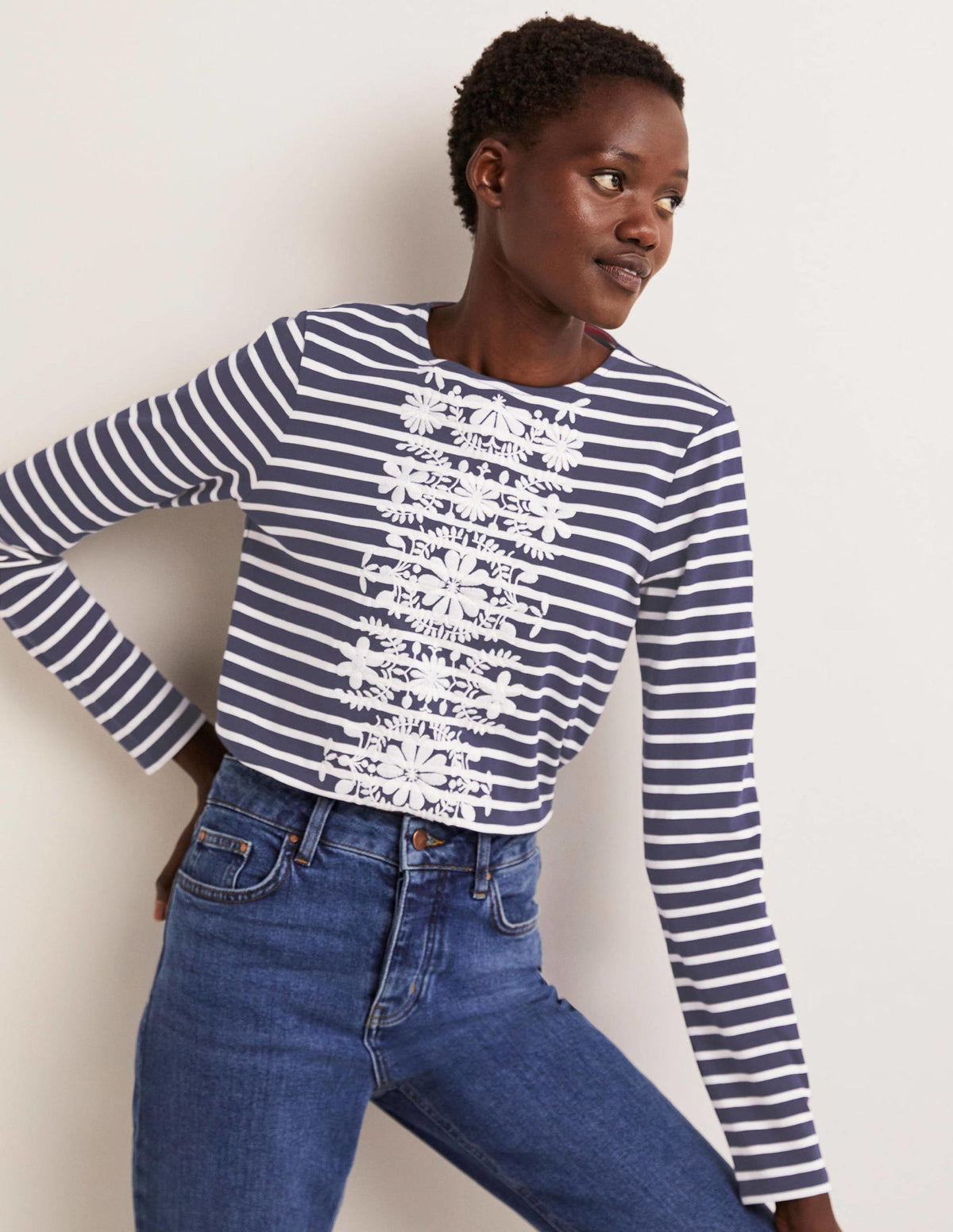 Embroidered Breton Top-Navy/Ivory, Floral Embroidery-1