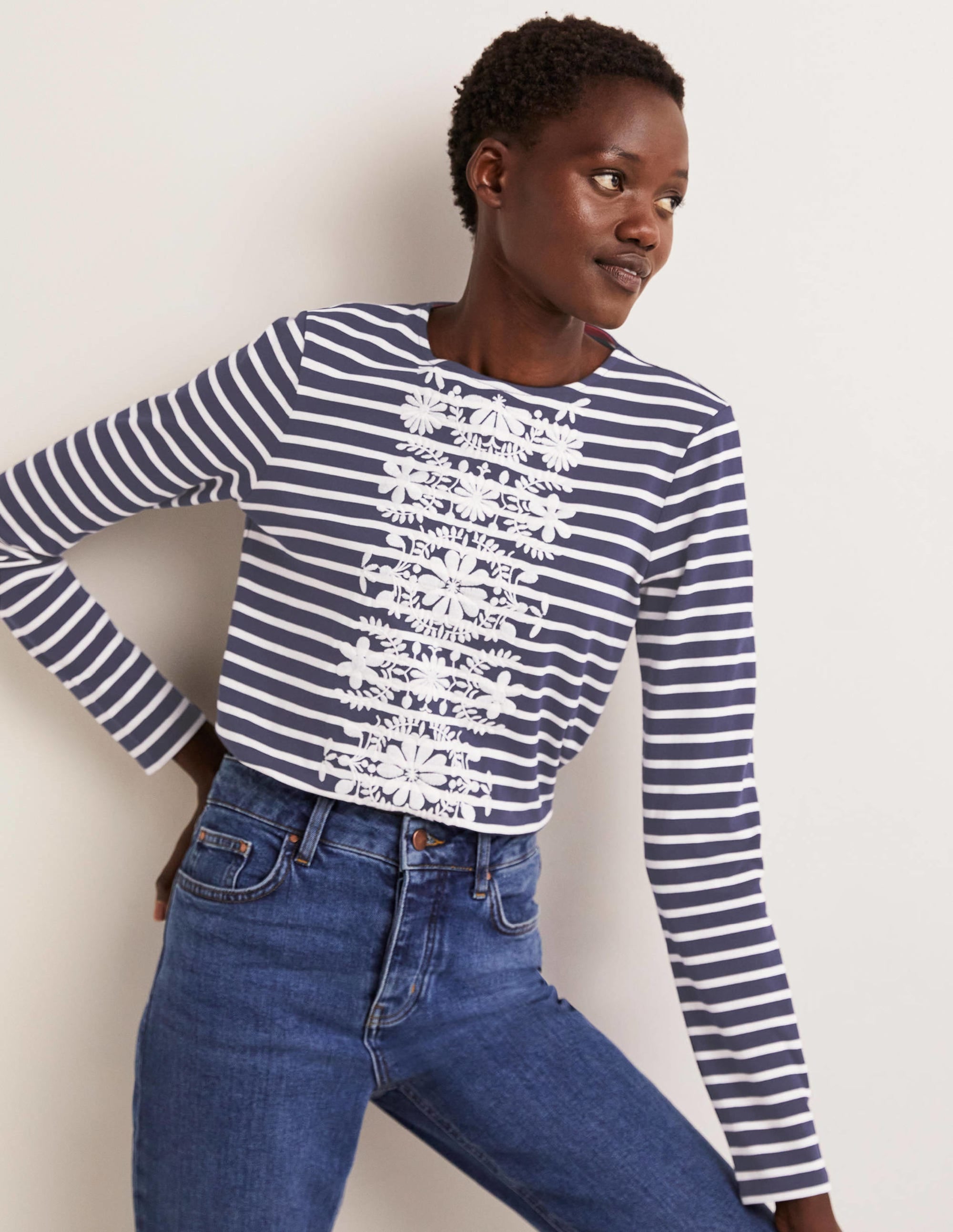 Embroidered Breton Top-Navy/Ivory, Floral Embroidery - Image 1