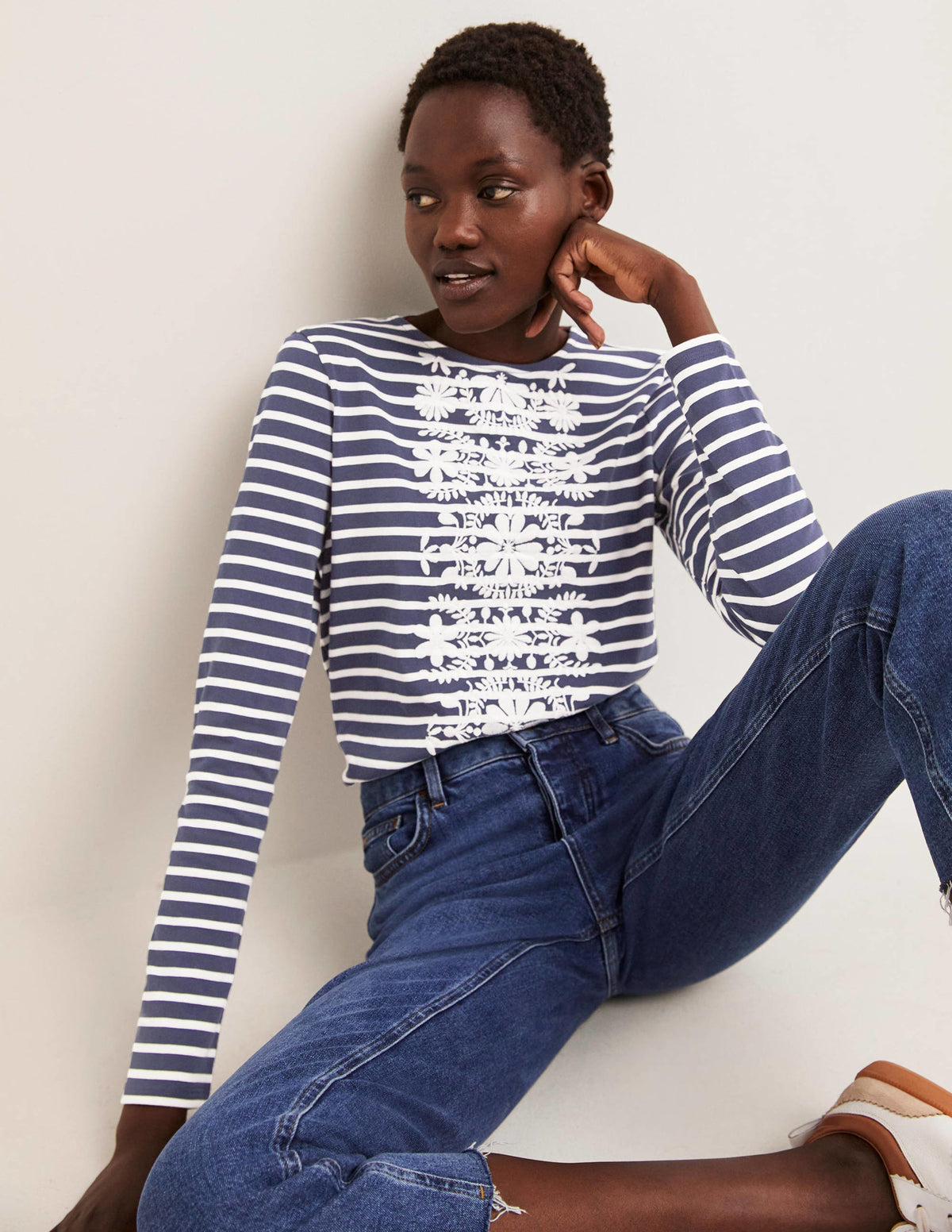 Embroidered Breton Top-Navy/Ivory, Floral Embroidery-4