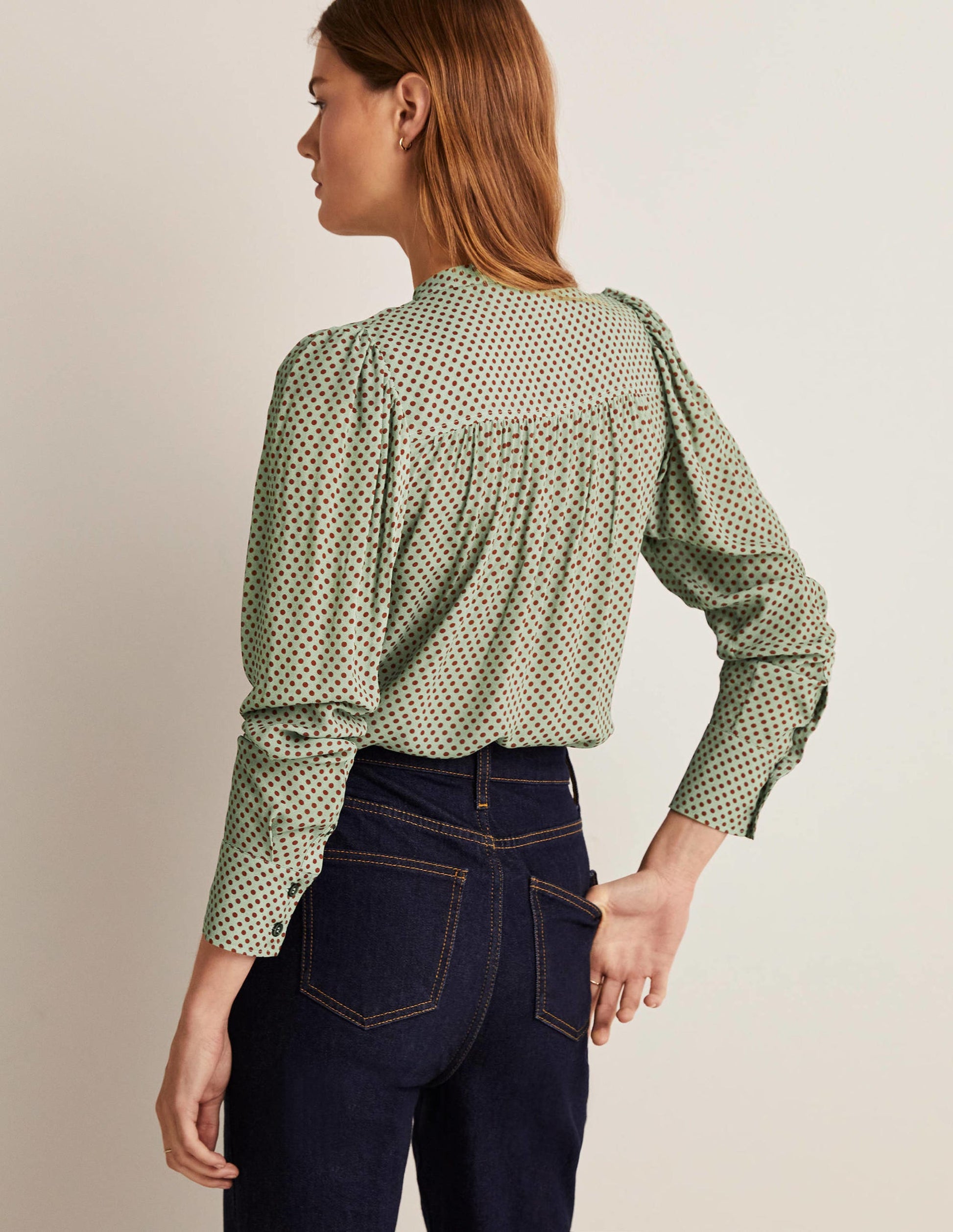 Pleated Button Through Blouse-Jadeite Green, Spot-8