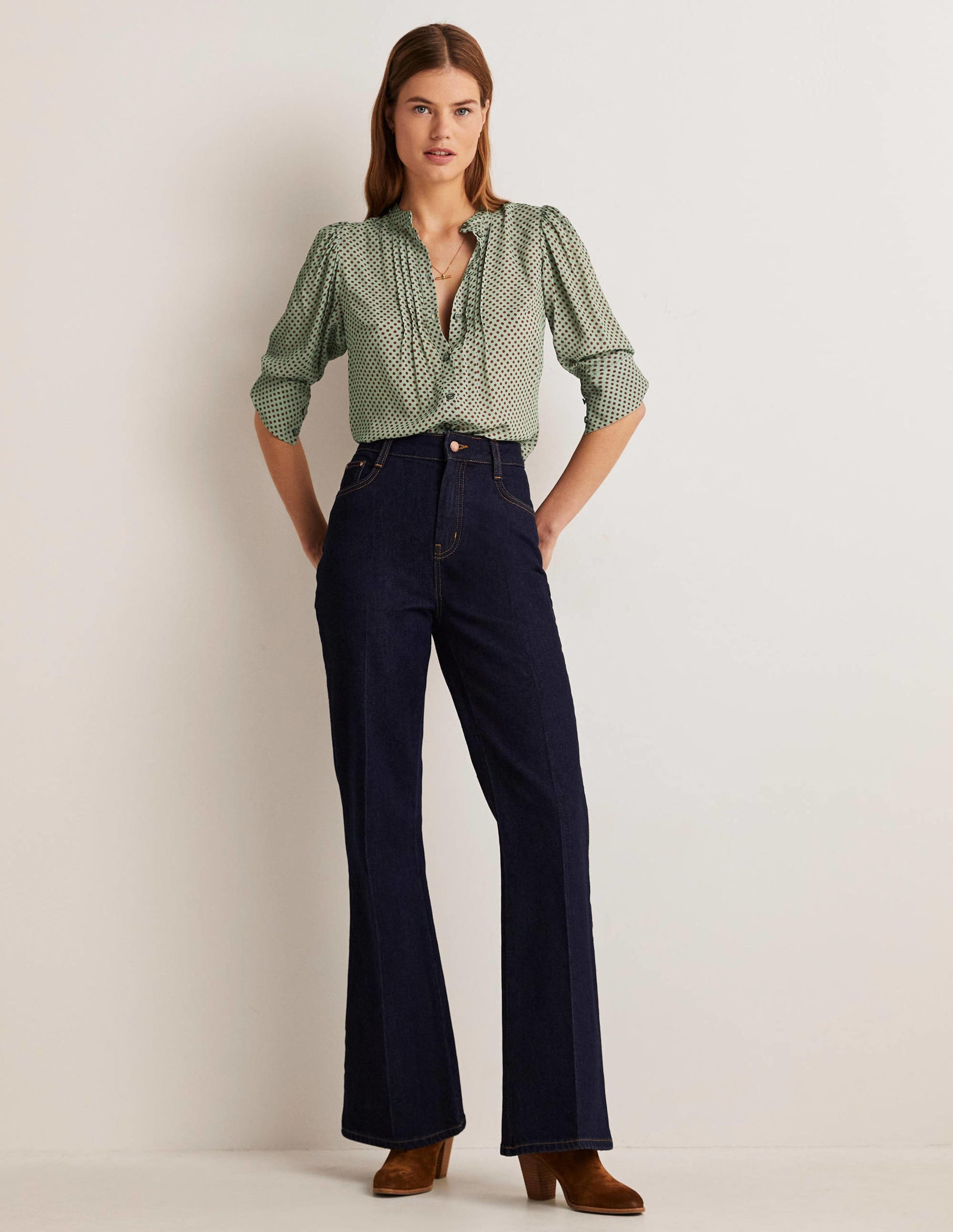Pleated Button Through Blouse-Jadeite Green, Spot-4