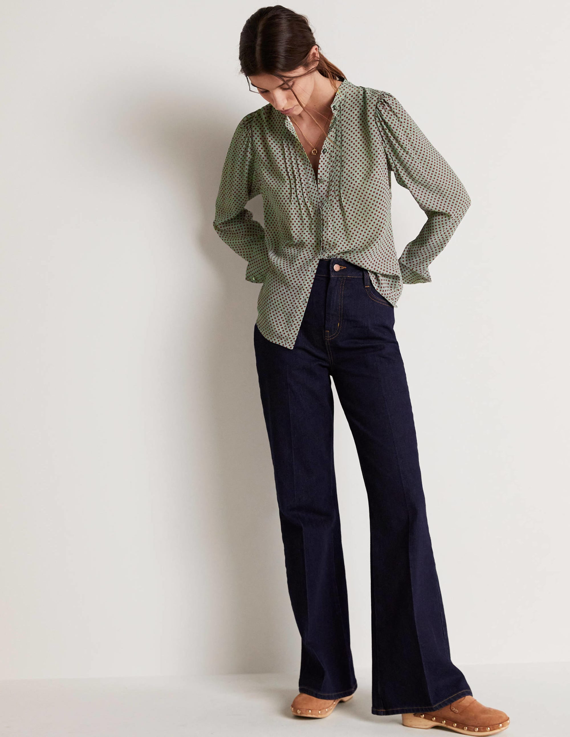 Pleated Button Through Blouse-Jadeite Green, Spot - Image 5